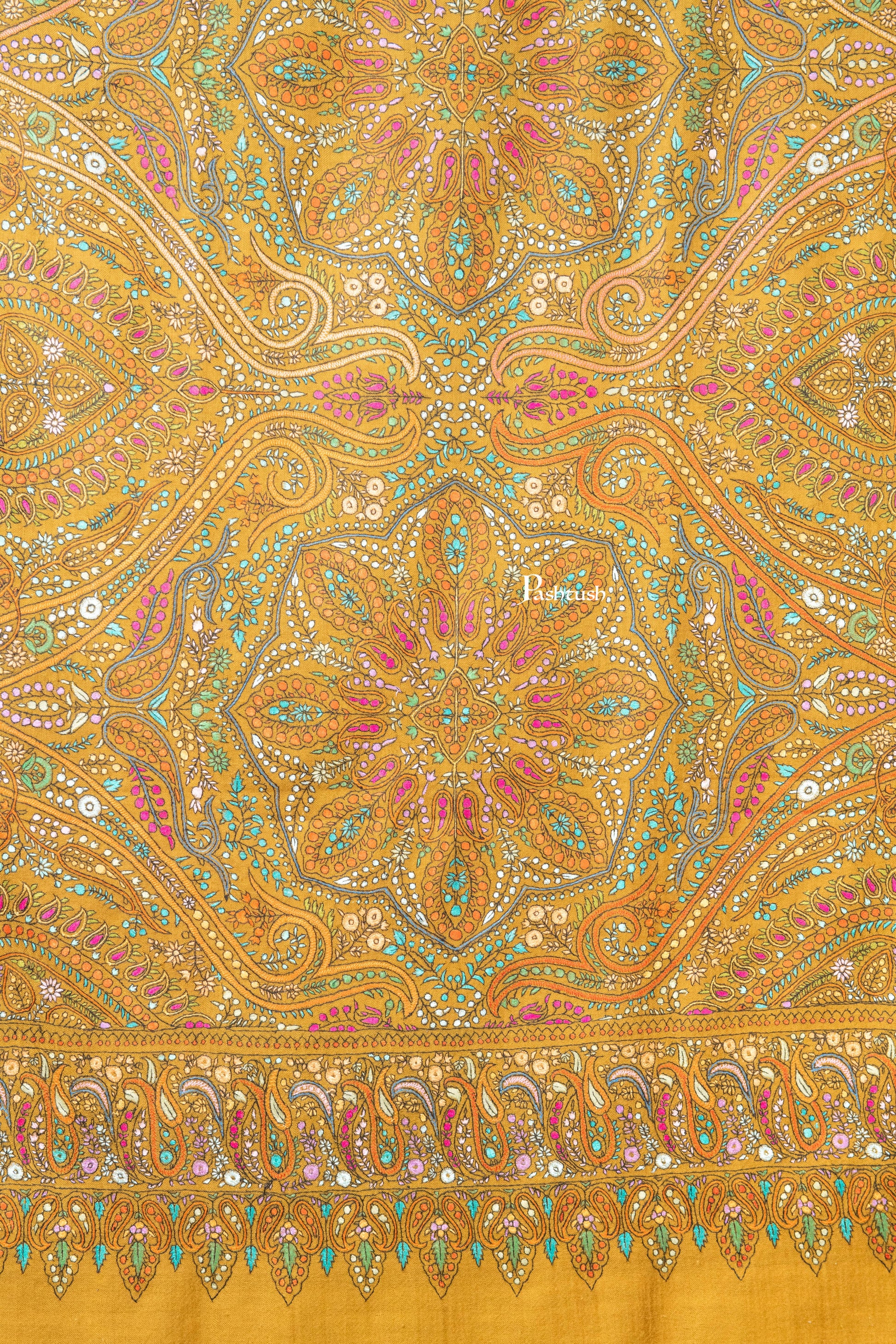 Pashtush India Womens Shawls Pashtush Womens Pure Pashmina Shawl, Papier Mache Hand Embroidery, Hand Woven Design, Mustard