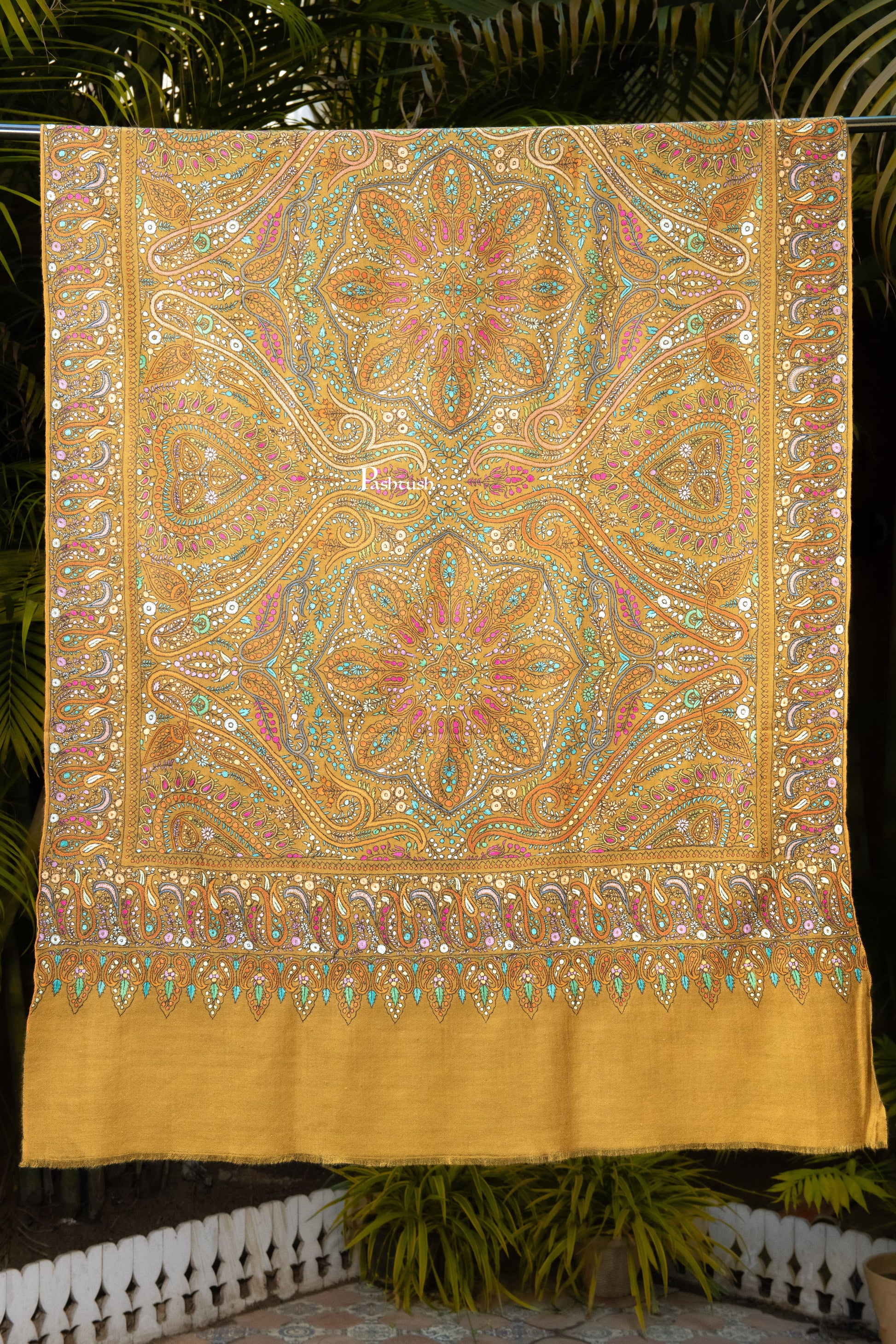Pashtush India Womens Shawls Pashtush Womens Pure Pashmina Shawl, Papier Mache Hand Embroidery, Hand Woven Design, Mustard