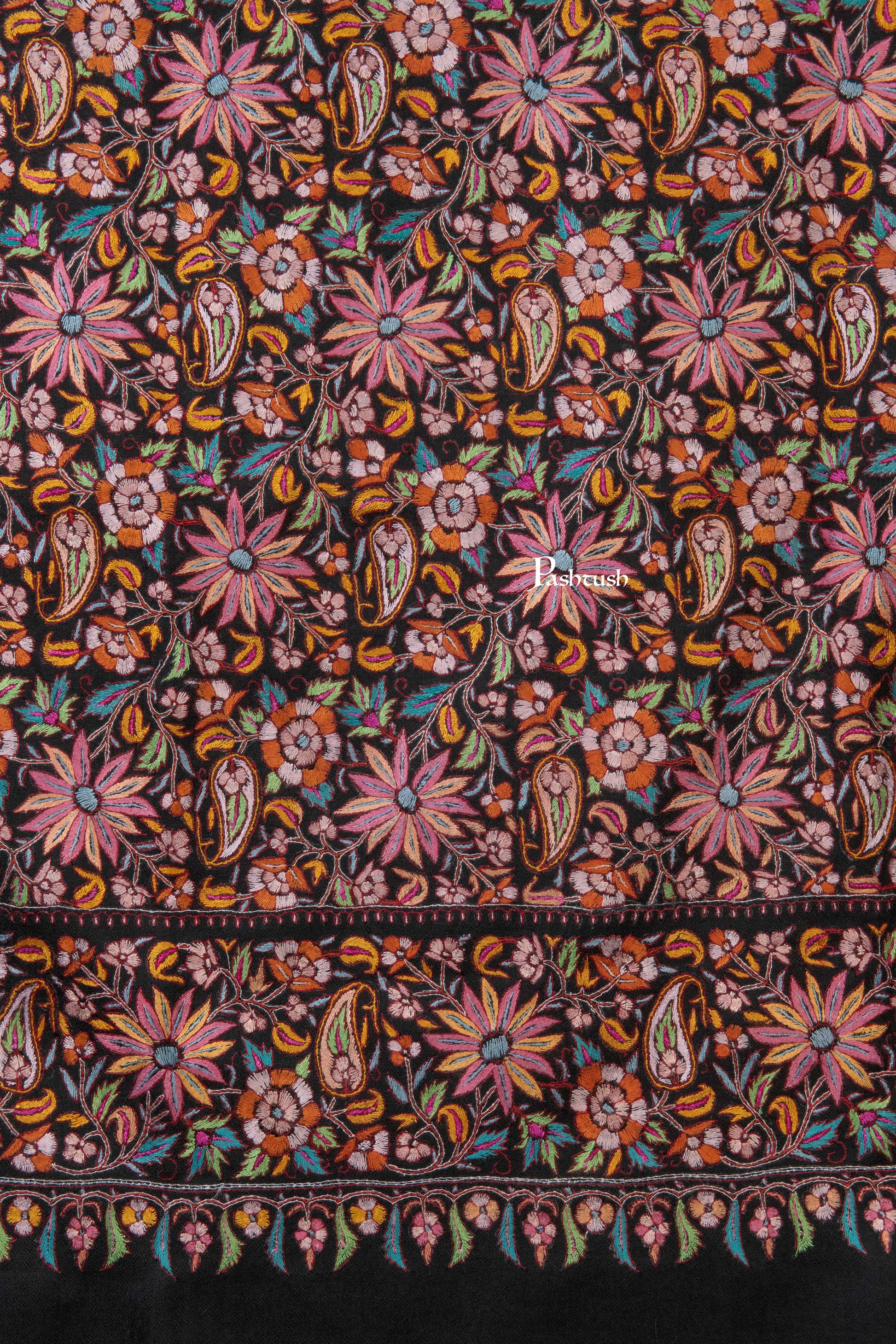 Pashtush India Womens Shawls Pashtush Womens Pure Pashmina Shawl, Papier Mache Hand Embroidery, Hand Woven, Gulabdaar Design, Black