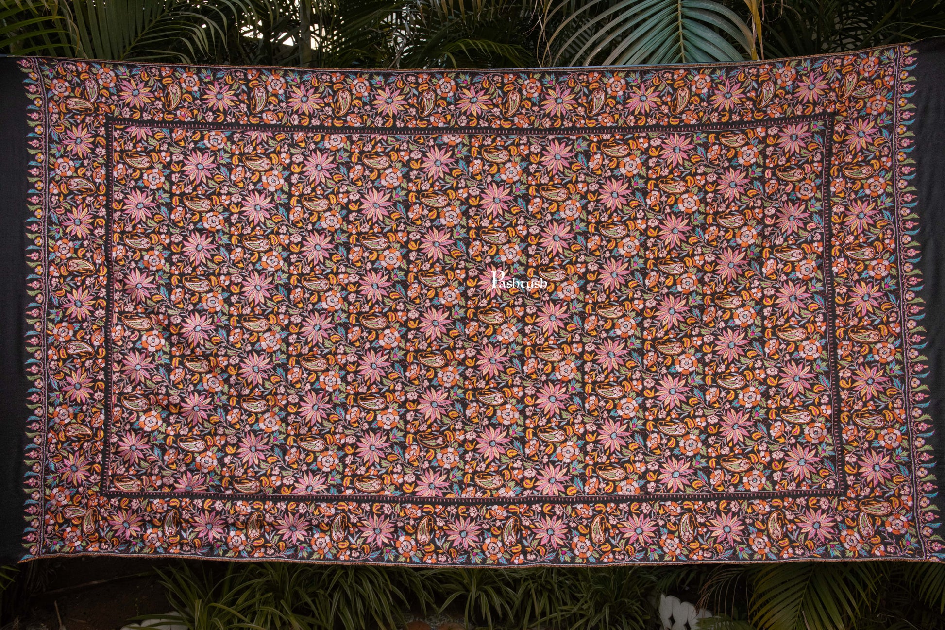 Pashtush India Womens Shawls Pashtush Womens Pure Pashmina Shawl, Papier Mache Hand Embroidery, Hand Woven, Gulabdaar Design, Black