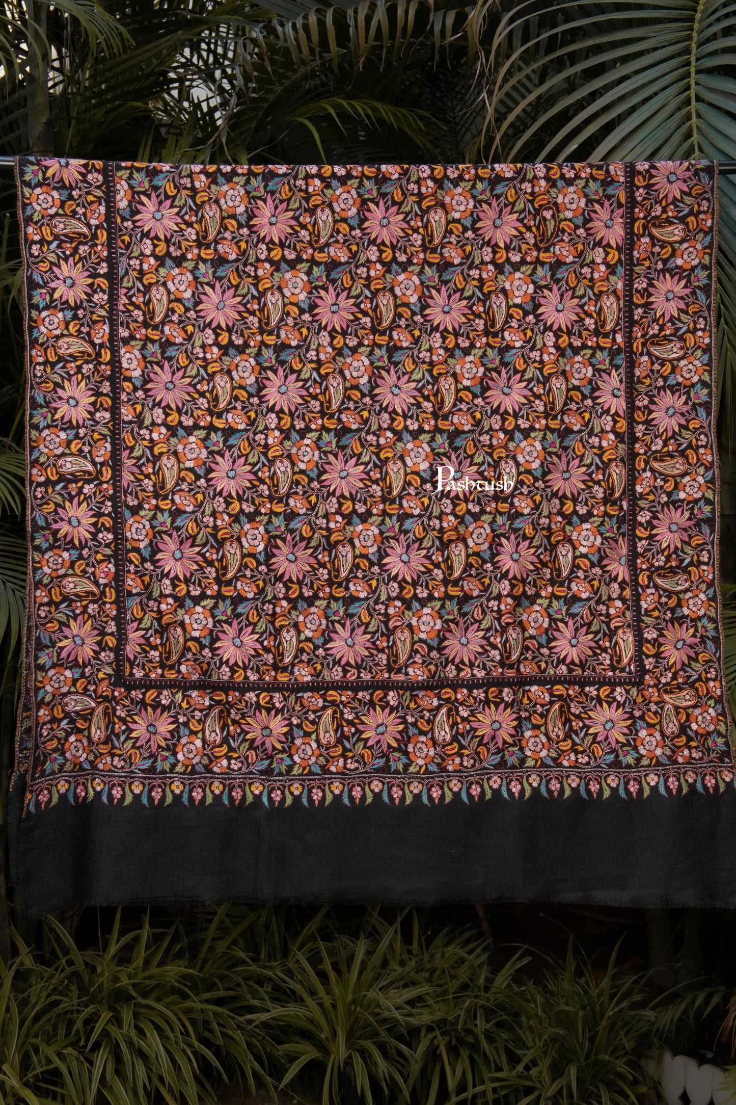 Pashtush India Womens Shawls Pashtush Womens Pure Pashmina Shawl, Papier Mache Hand Embroidery, Hand Woven, Gulabdaar Design, Black