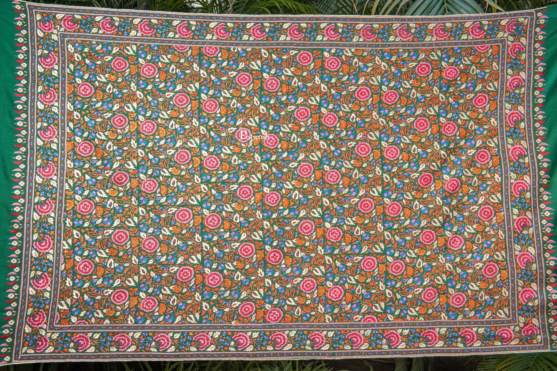 Pashtush India Womens Shawls Pashtush Womens Pure Pashmina Shawl, Papier Mache Hand Embroidery, Hand Woven, Gulabdaar Design, Emerald Green