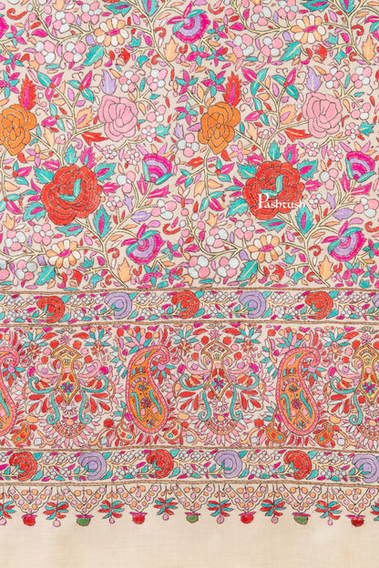Pashtush India Womens Shawls Pashtush Womens Pure Pashmina Shawl, Papier Mache Hand Embroidery, Hand Woven, Gulabdaar Design, Emily Ivory