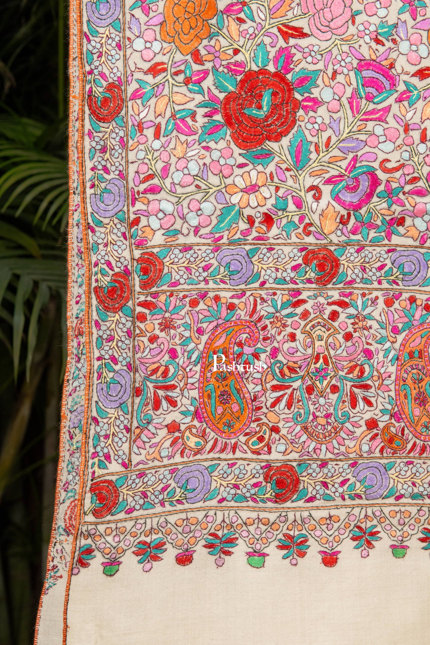Pashtush India Womens Shawls Pashtush Womens Pure Pashmina Shawl, Papier Mache Hand Embroidery, Hand Woven, Gulabdaar Design, Emily Ivory