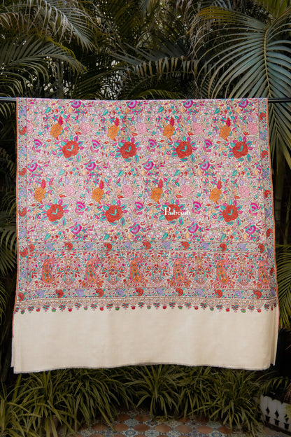Pashtush India Womens Shawls Pashtush Womens Pure Pashmina Shawl, Papier Mache Hand Embroidery, Hand Woven, Gulabdaar Design, Emily Ivory