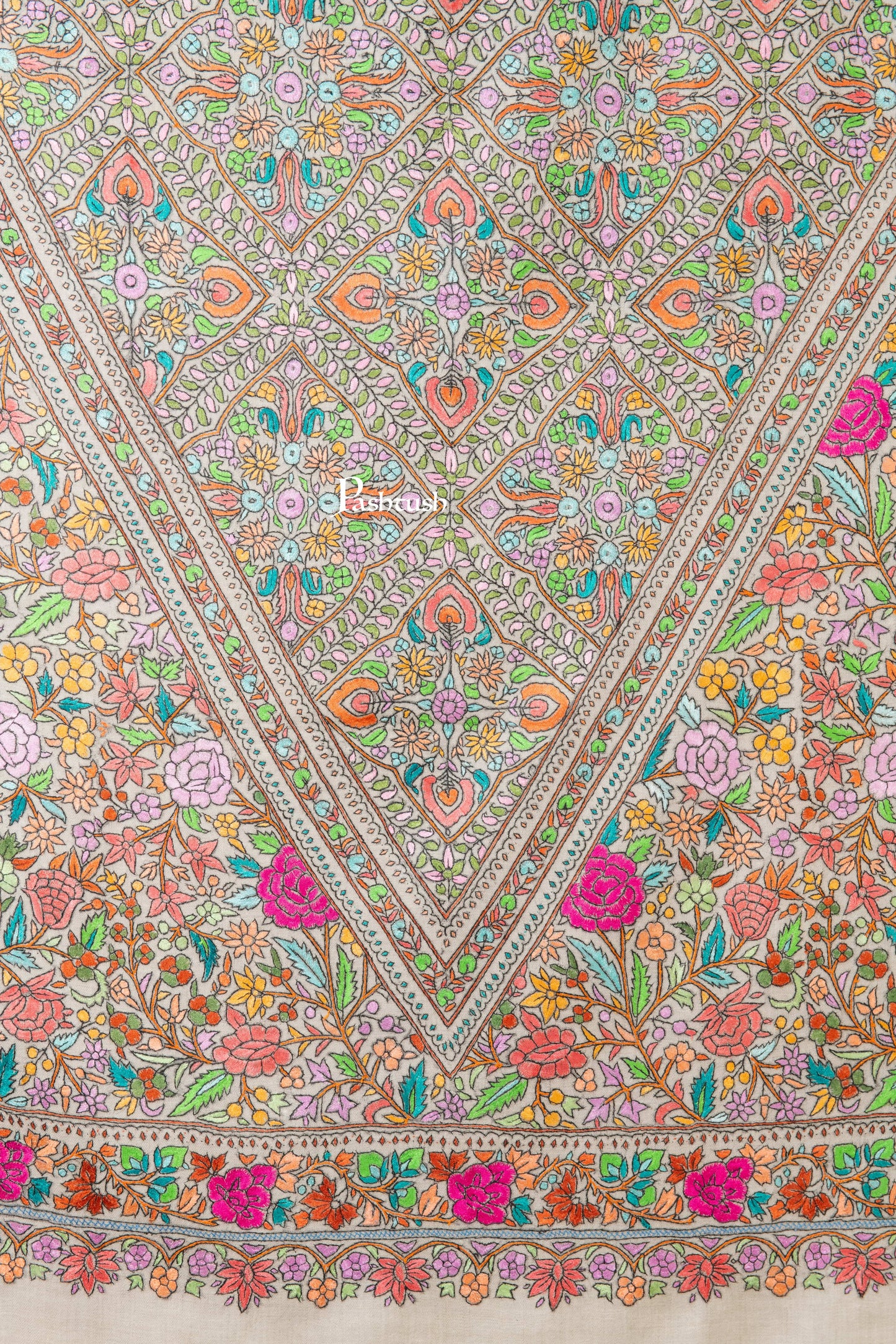 Pashtush India Womens Shawls Pashtush Womens Pure Pashmina Shawl, Papier Mache Hand Embroidery, Hand Woven, Gulabdaar Design, Multicolour With Natural Woven Base