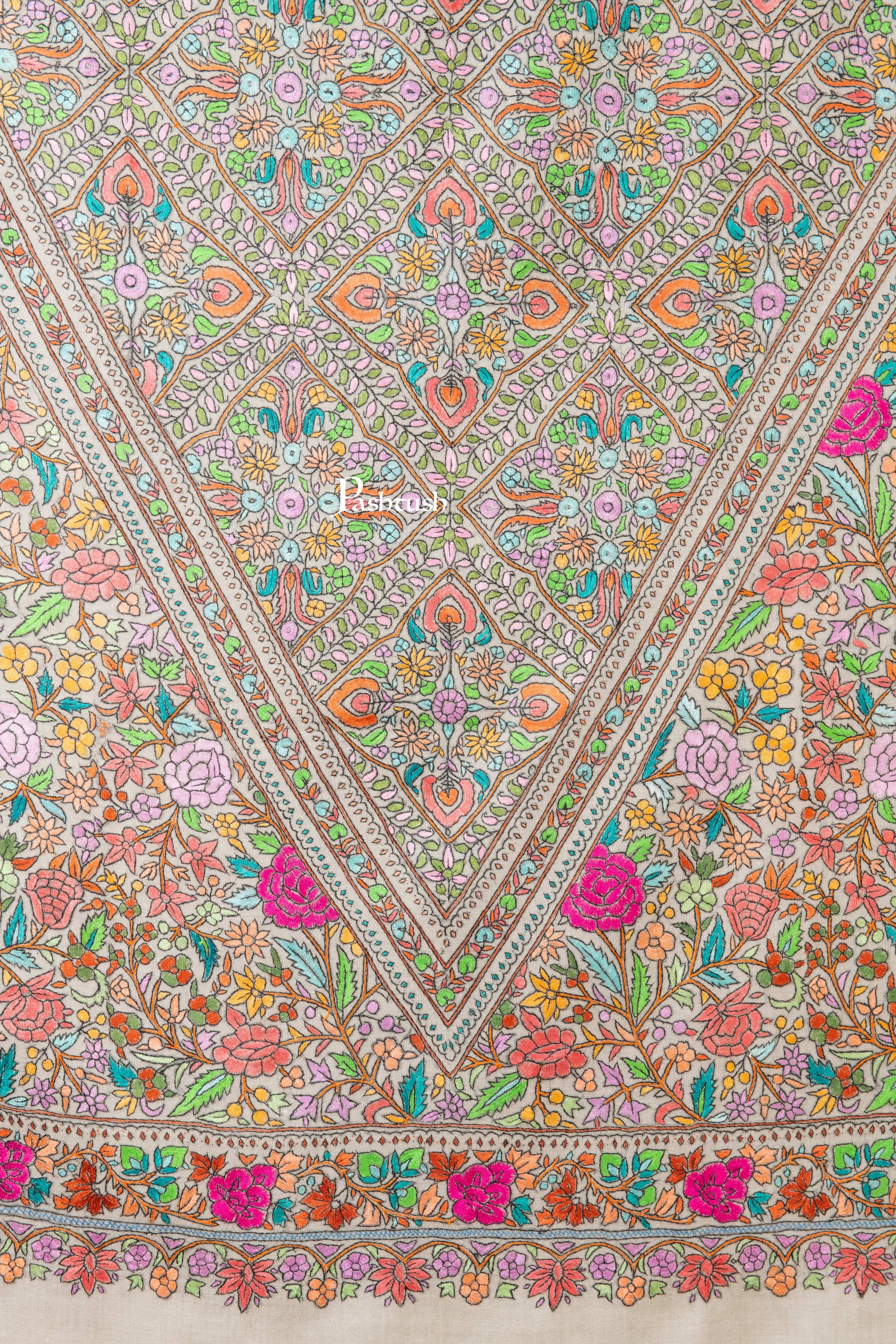 Pashtush India Womens Shawls Pashtush Womens Pure Pashmina Shawl, Papier Mache Hand Embroidery, Hand Woven, Gulabdaar Design, Multicolour With Natural Woven Base