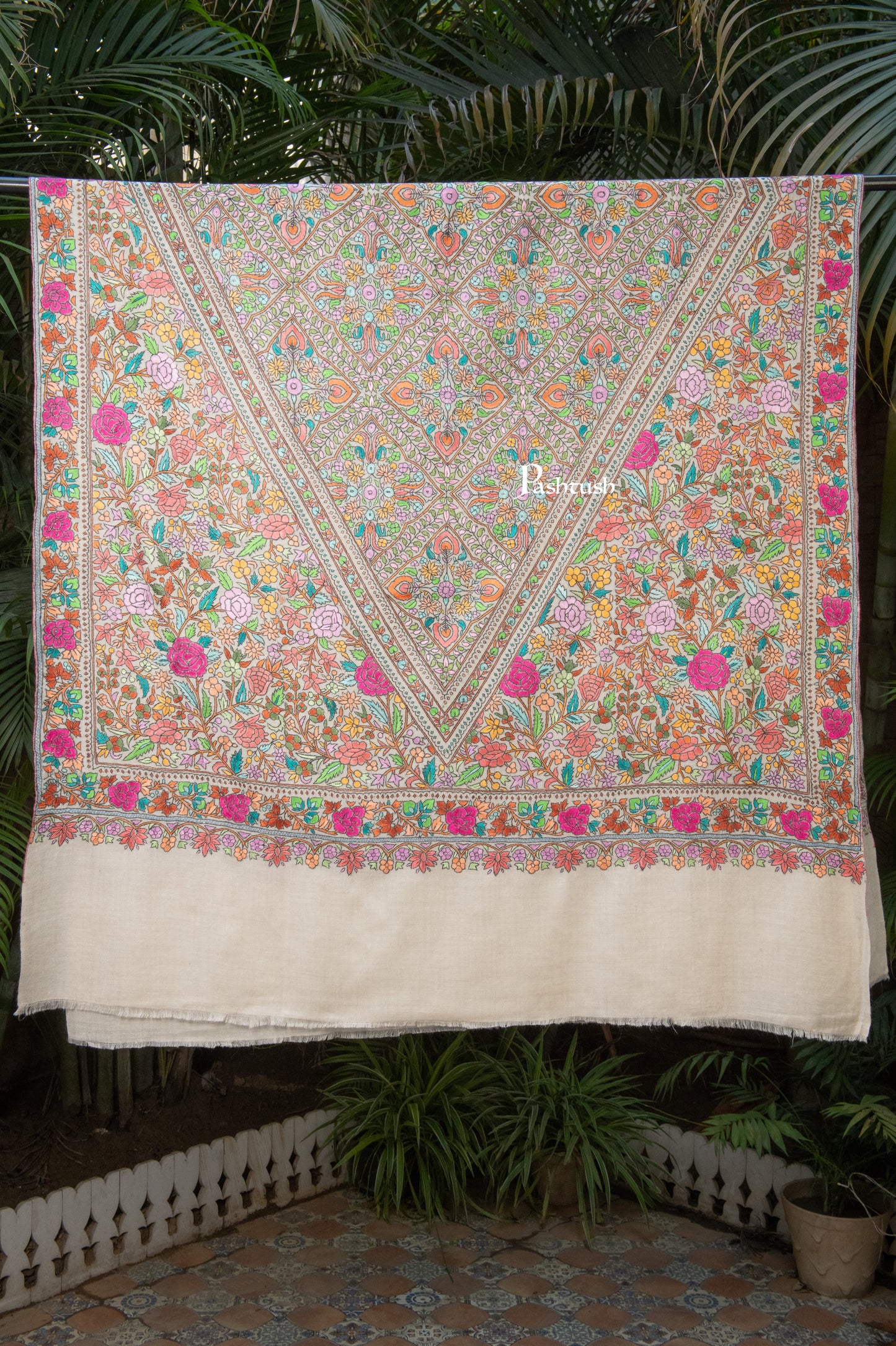 Pashtush India Womens Shawls Pashtush Womens Pure Pashmina Shawl, Papier Mache Hand Embroidery, Hand Woven, Gulabdaar Design, Multicolour With Natural Woven Base