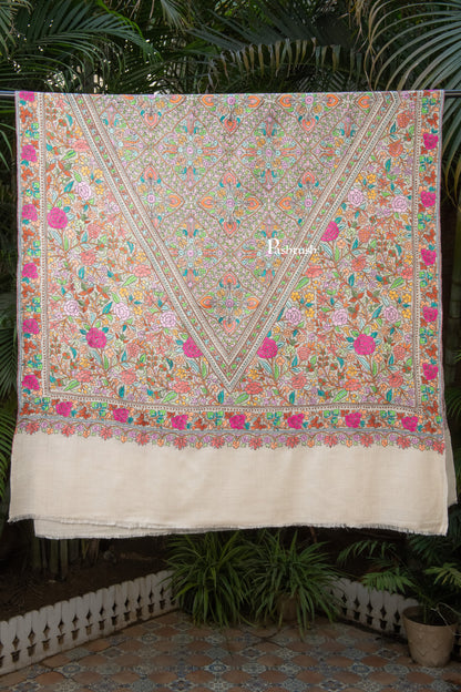 Pashtush India Womens Shawls Pashtush Womens Pure Pashmina Shawl, Papier Mache Hand Embroidery, Hand Woven, Gulabdaar Design, Multicolour With Natural Woven Base