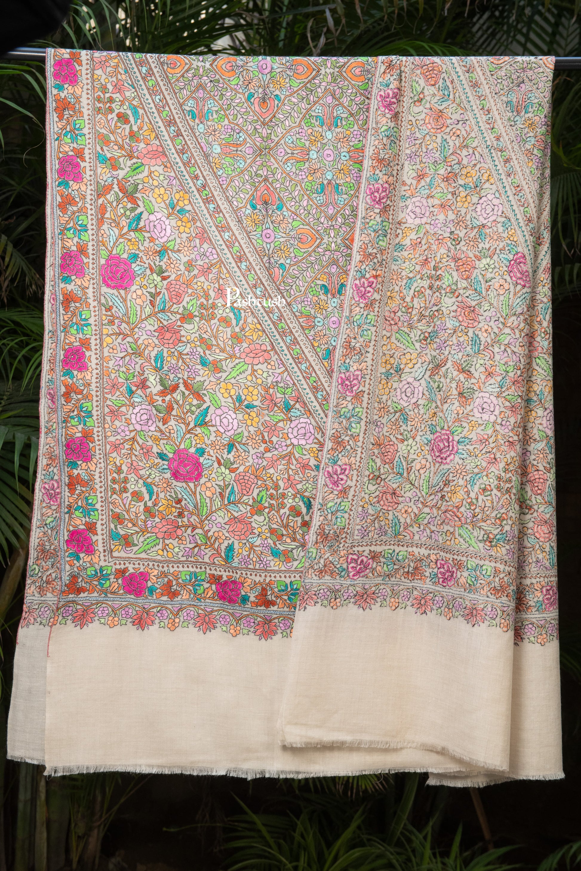 Pashtush India Womens Shawls Pashtush Womens Pure Pashmina Shawl, Papier Mache Hand Embroidery, Hand Woven, Gulabdaar Design, Multicolour With Natural Woven Base