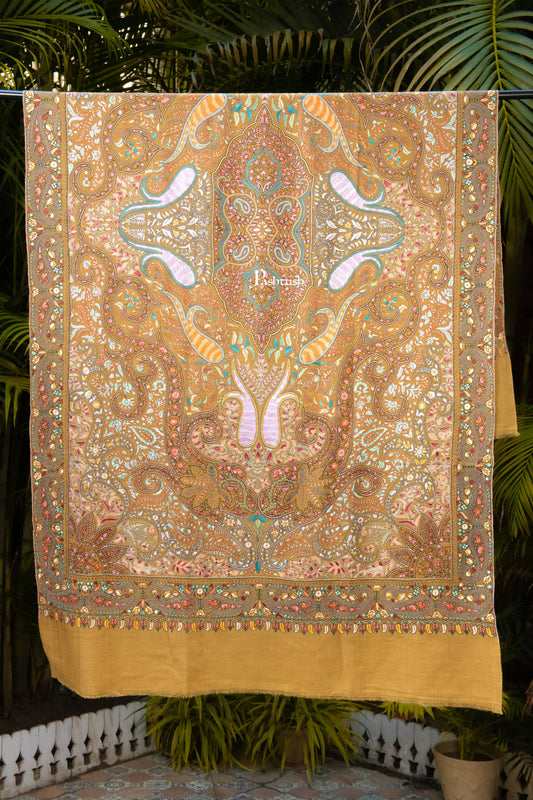 Pashtush India Womens Shawls Pashtush Womens Pure Pashmina Shawl, Papier Mache Hand Embroidery, Hand Woven, Gulabdaar Design, Mustard