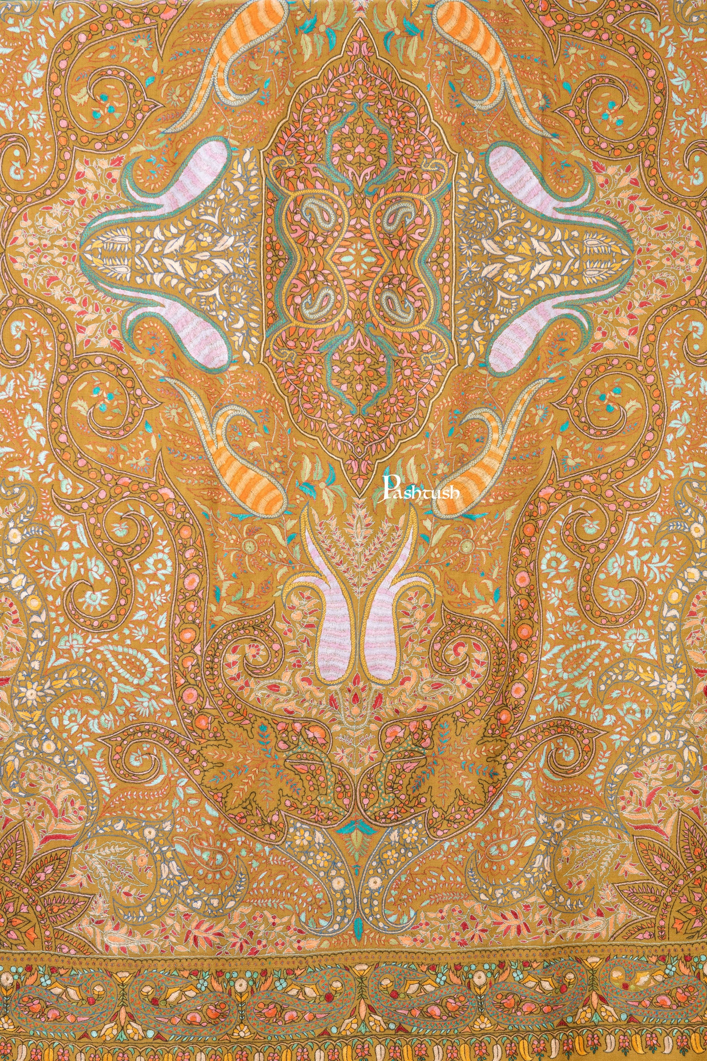 Pashtush India Womens Shawls Pashtush Womens Pure Pashmina Shawl, Papier Mache Hand Embroidery, Hand Woven, Gulabdaar Design, Mustard