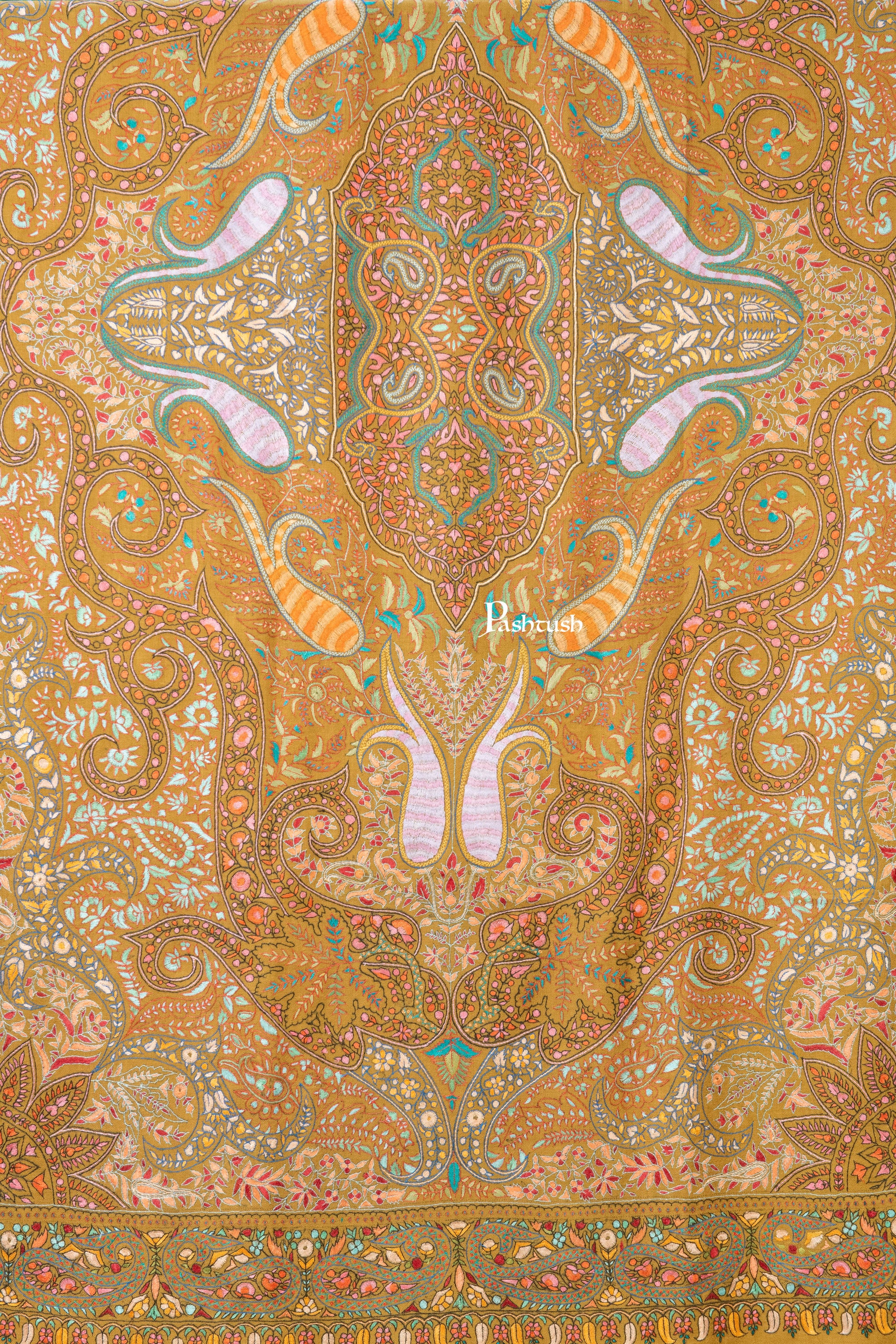 Pashtush India Womens Shawls Pashtush Womens Pure Pashmina Shawl, Papier Mache Hand Embroidery, Hand Woven, Gulabdaar Design, Mustard