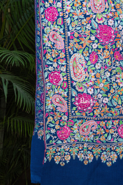 Pashtush India Womens Shawls Pashtush Womens Pure Pashmina Shawl, Papier Mache Hand Embroidery, Hand Woven, Gulabdaar Design, Navy Blue