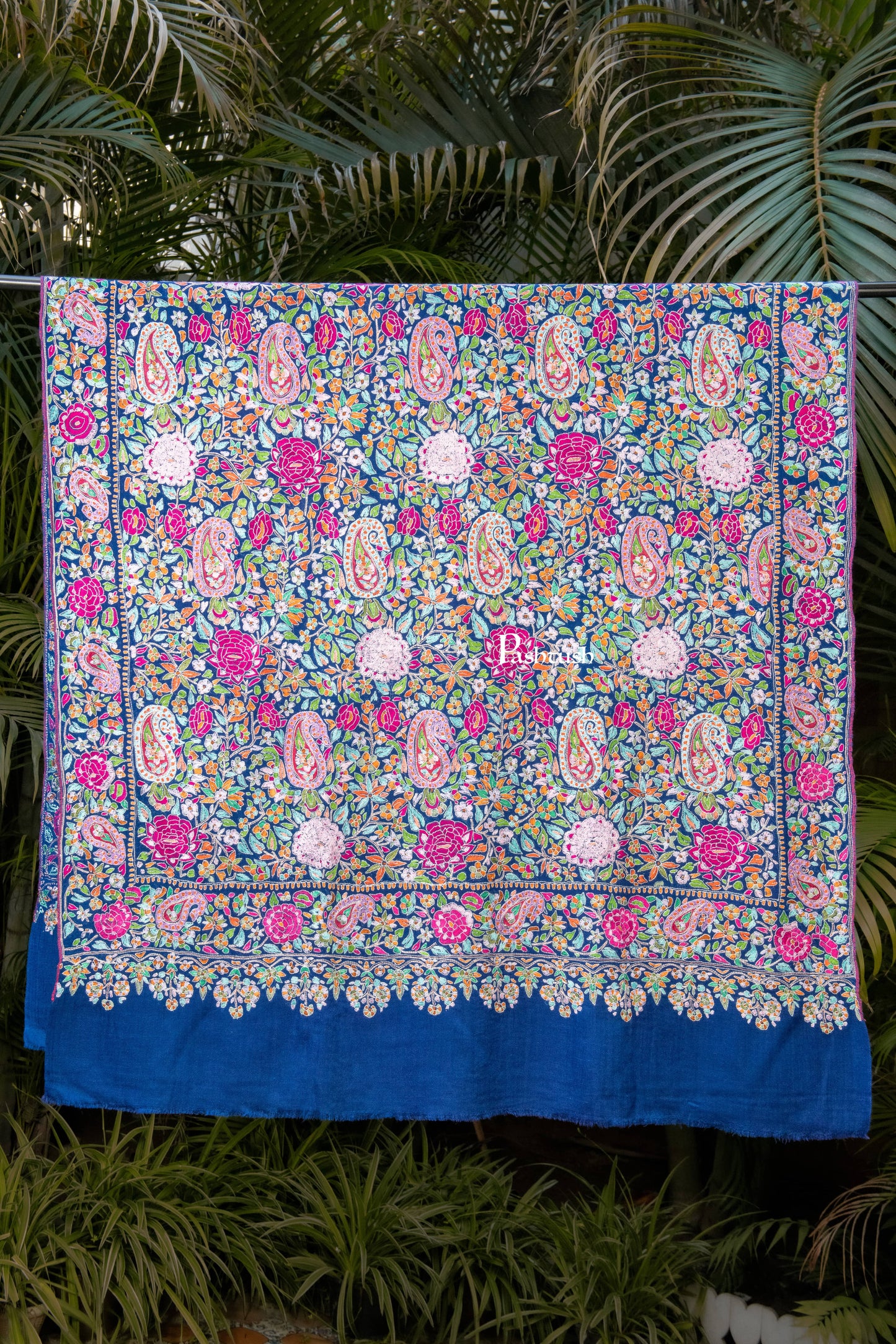 Pashtush India Womens Shawls Pashtush Womens Pure Pashmina Shawl, Papier Mache Hand Embroidery, Hand Woven, Gulabdaar Design, Navy Blue
