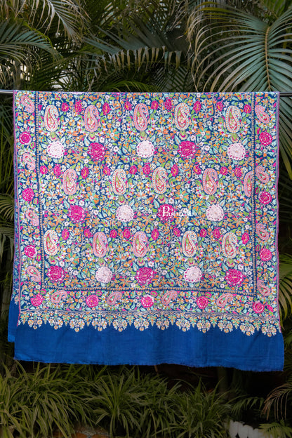 Pashtush India Womens Shawls Pashtush Womens Pure Pashmina Shawl, Papier Mache Hand Embroidery, Hand Woven, Gulabdaar Design, Navy Blue