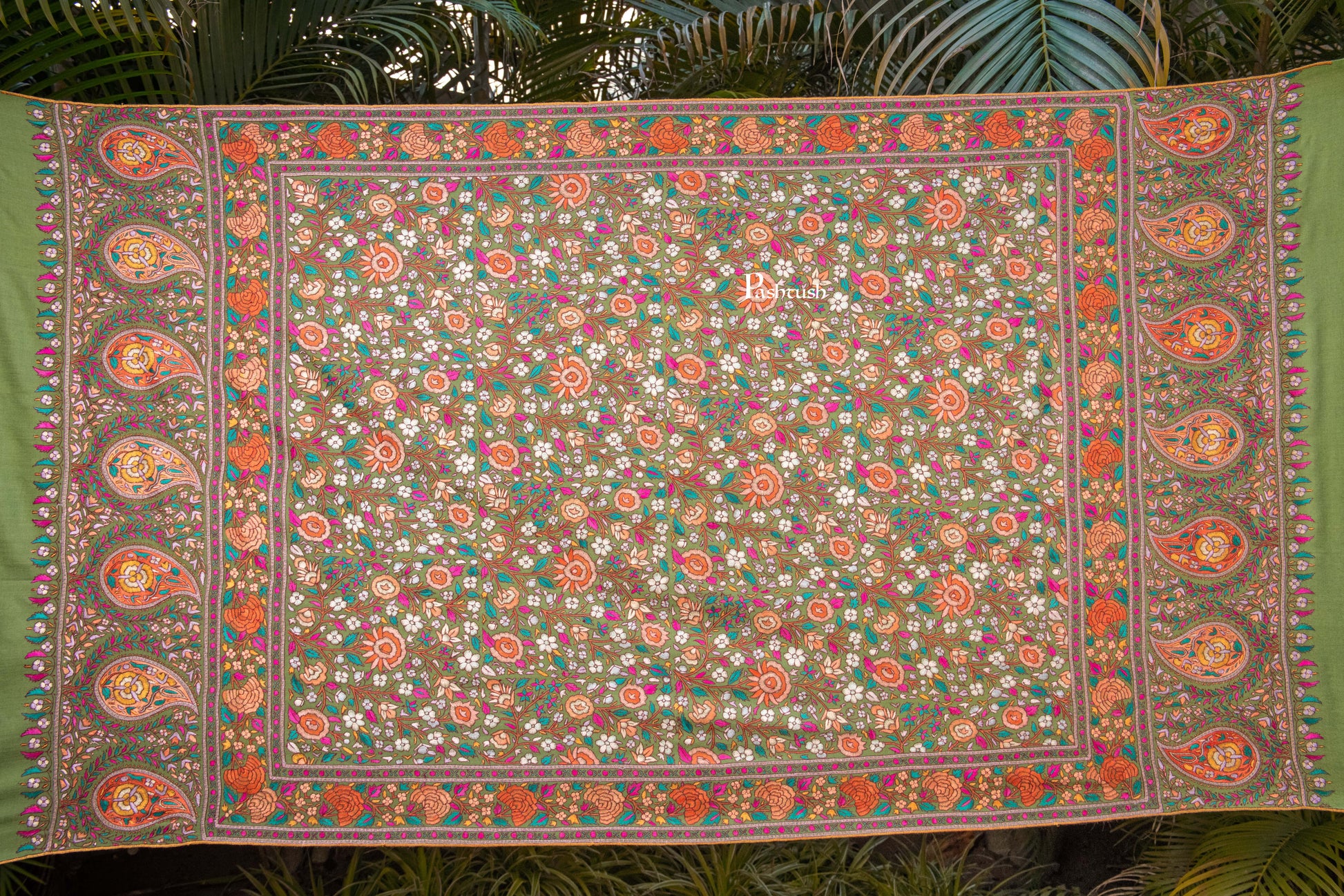 Pashtush India Womens Shawls Pashtush Womens Pure Pashmina Shawl, Papier Mache Hand Embroidery, Hand Woven, Gulabdaar Design, Olive Green