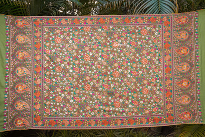 Pashtush India Womens Shawls Pashtush Womens Pure Pashmina Shawl, Papier Mache Hand Embroidery, Hand Woven, Gulabdaar Design, Olive Green