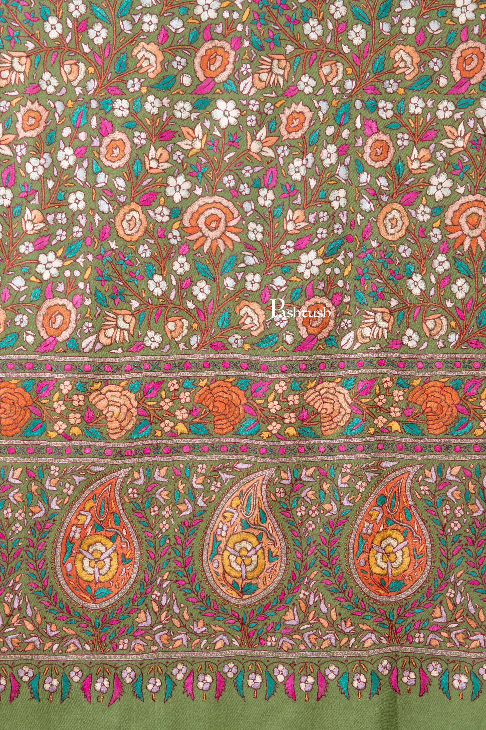 Pashtush India Womens Shawls Pashtush Womens Pure Pashmina Shawl, Papier Mache Hand Embroidery, Hand Woven, Gulabdaar Design, Olive Green