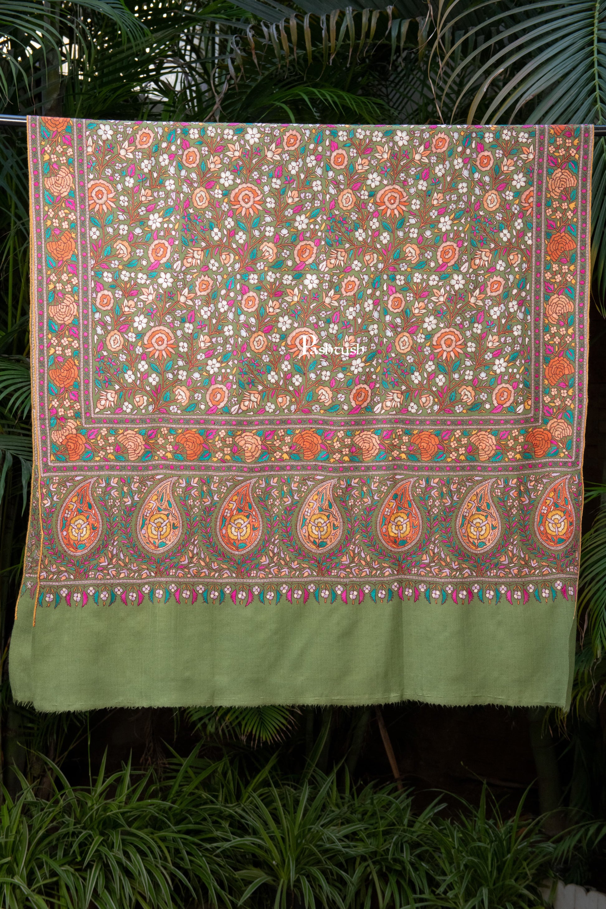 Pashtush India Womens Shawls Pashtush Womens Pure Pashmina Shawl, Papier Mache Hand Embroidery, Hand Woven, Gulabdaar Design, Olive Green
