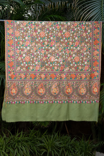 Pashtush India Womens Shawls Pashtush Womens Pure Pashmina Shawl, Papier Mache Hand Embroidery, Hand Woven, Gulabdaar Design, Olive Green