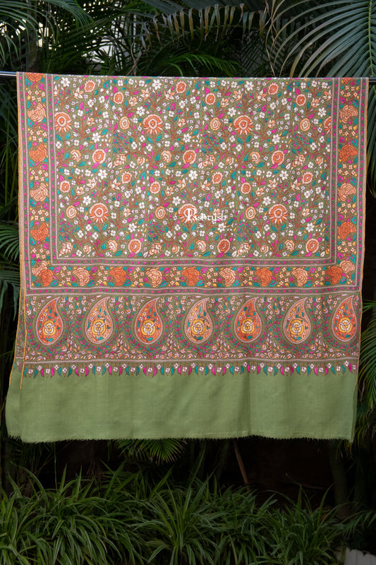 Pashtush India Womens Shawls Pashtush Womens Pure Pashmina Shawl, Papier Mache Hand Embroidery, Hand Woven, Gulabdaar Design, Olive Green