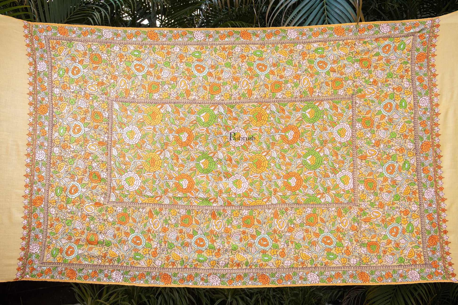 Pashtush India Womens Shawls Pashtush Womens Pure Pashmina Shawl, Papier Mache Hand Embroidery, Hand Woven, Gulabdaar Design, Yellow