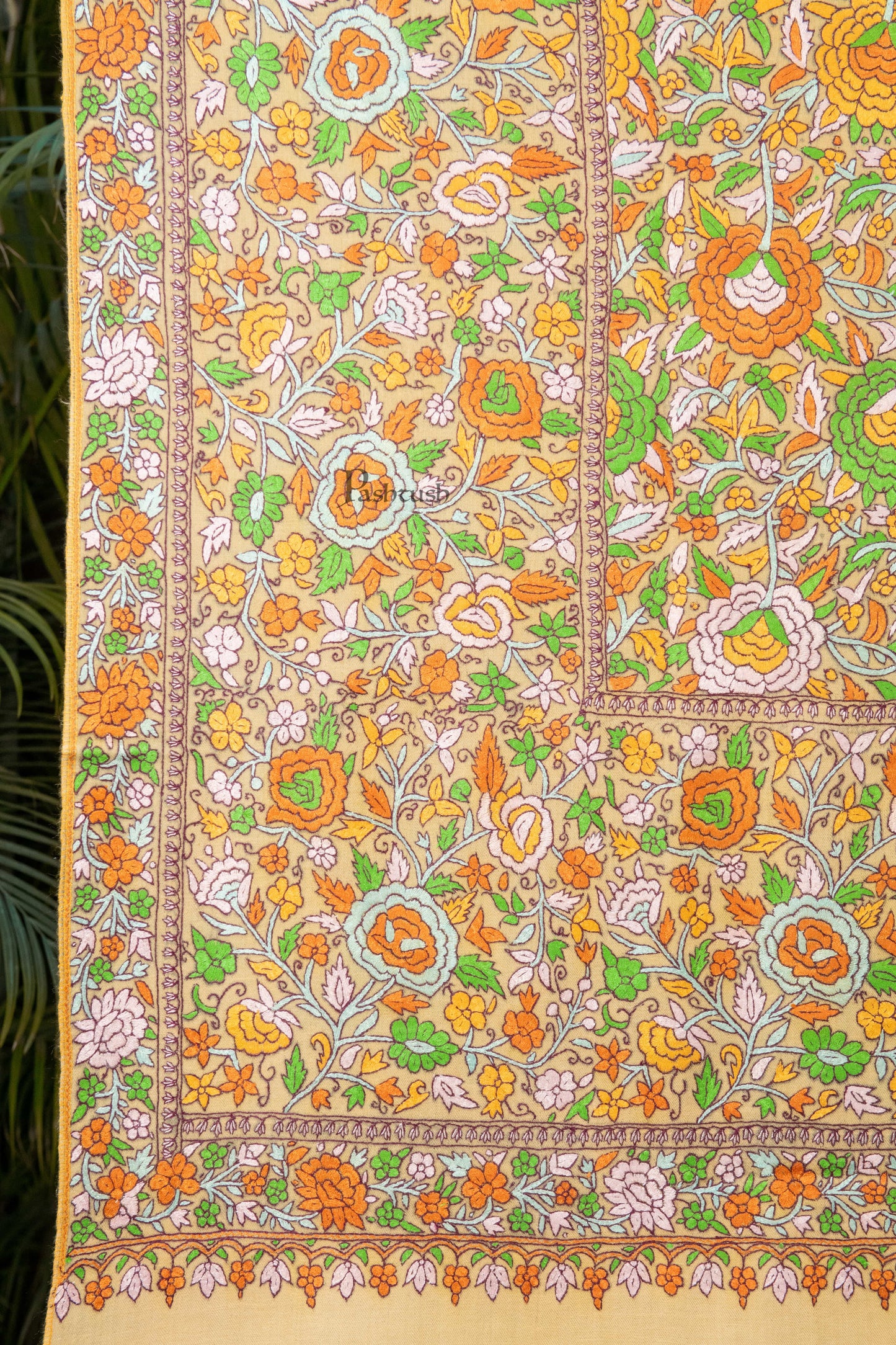 Pashtush India Womens Shawls Pashtush Womens Pure Pashmina Shawl, Papier Mache Hand Embroidery, Hand Woven, Gulabdaar Design, Yellow