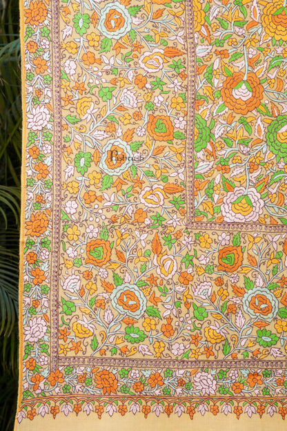 Pashtush India Womens Shawls Pashtush Womens Pure Pashmina Shawl, Papier Mache Hand Embroidery, Hand Woven, Gulabdaar Design, Yellow