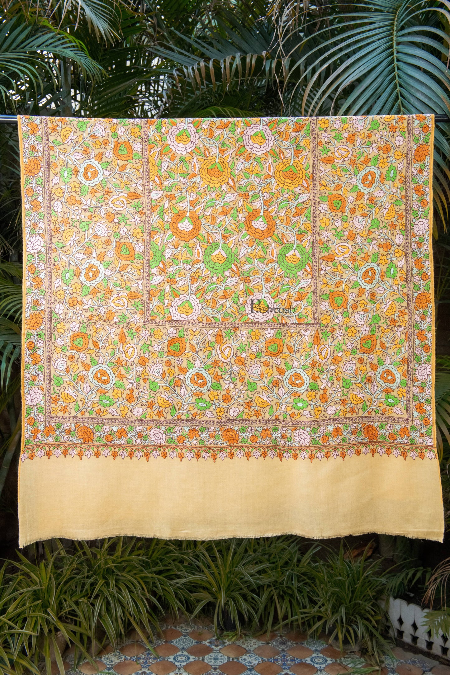 Pashtush India Womens Shawls Pashtush Womens Pure Pashmina Shawl, Papier Mache Hand Embroidery, Hand Woven, Gulabdaar Design, Yellow