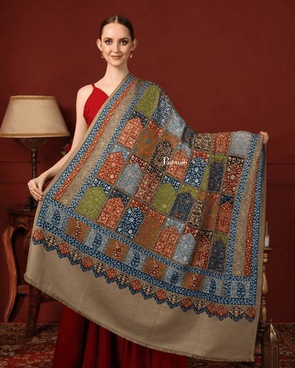 Pashtush India Womens Shawls Pashtush Womens Pure Pashmina Shawl, Papier Mache Hand Embroidery, Hand Woven, Taupe