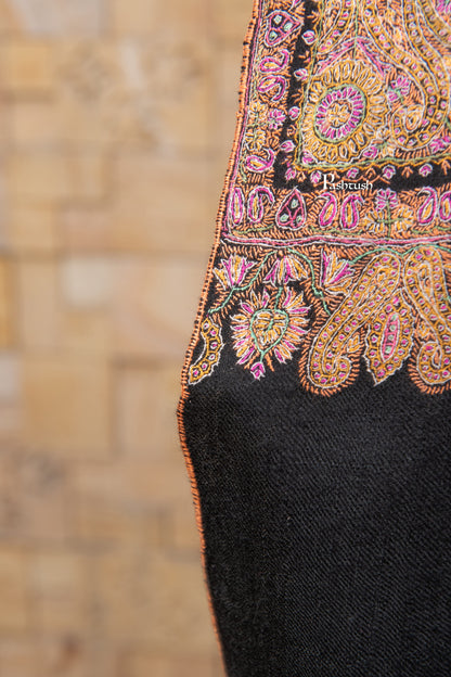 Pashtush India Womens Shawls Pashtush Womens Pure Pashmina Shawl, Private Collection, Resham Sozni Hand Embroidery, Handwoven, Zameenkaar