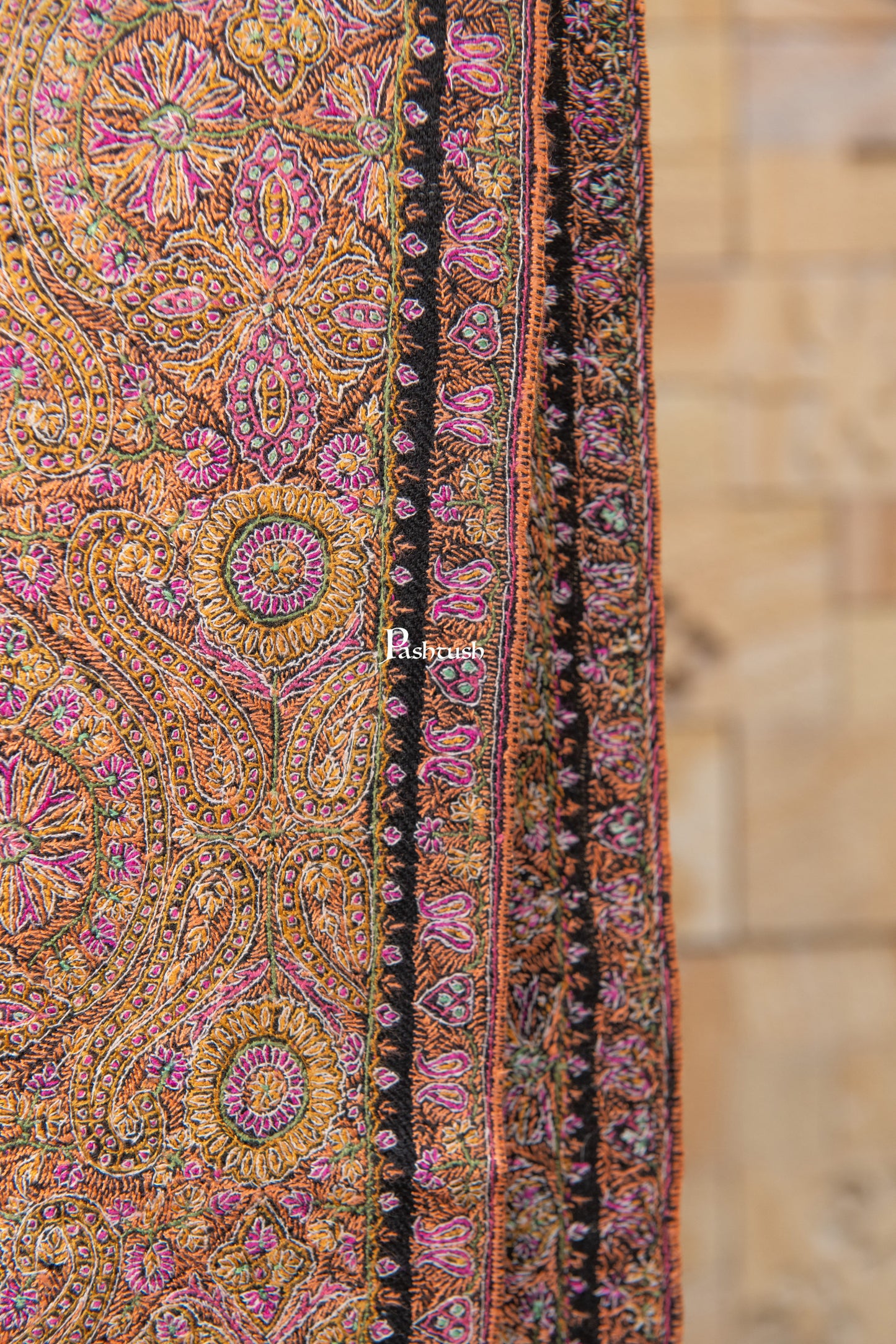 Pashtush India Womens Shawls Pashtush Womens Pure Pashmina Shawl, Private Collection, Resham Sozni Hand Embroidery, Handwoven, Zameenkaar