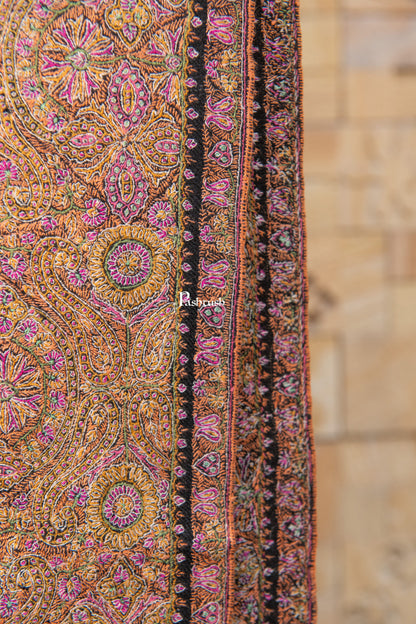 Pashtush India Womens Shawls Pashtush Womens Pure Pashmina Shawl, Private Collection, Resham Sozni Hand Embroidery, Handwoven, Zameenkaar