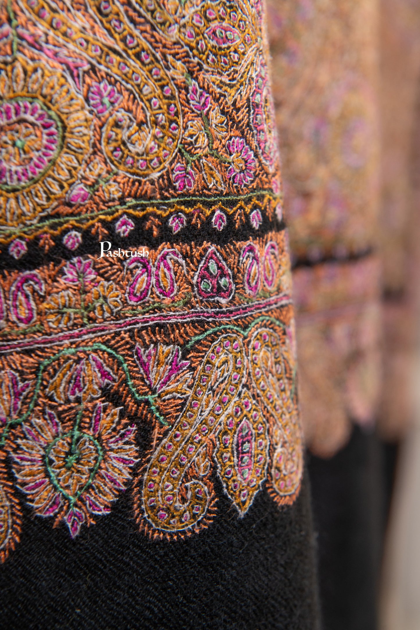 Pashtush India Womens Shawls Pashtush Womens Pure Pashmina Shawl, Private Collection, Resham Sozni Hand Embroidery, Handwoven, Zameenkaar