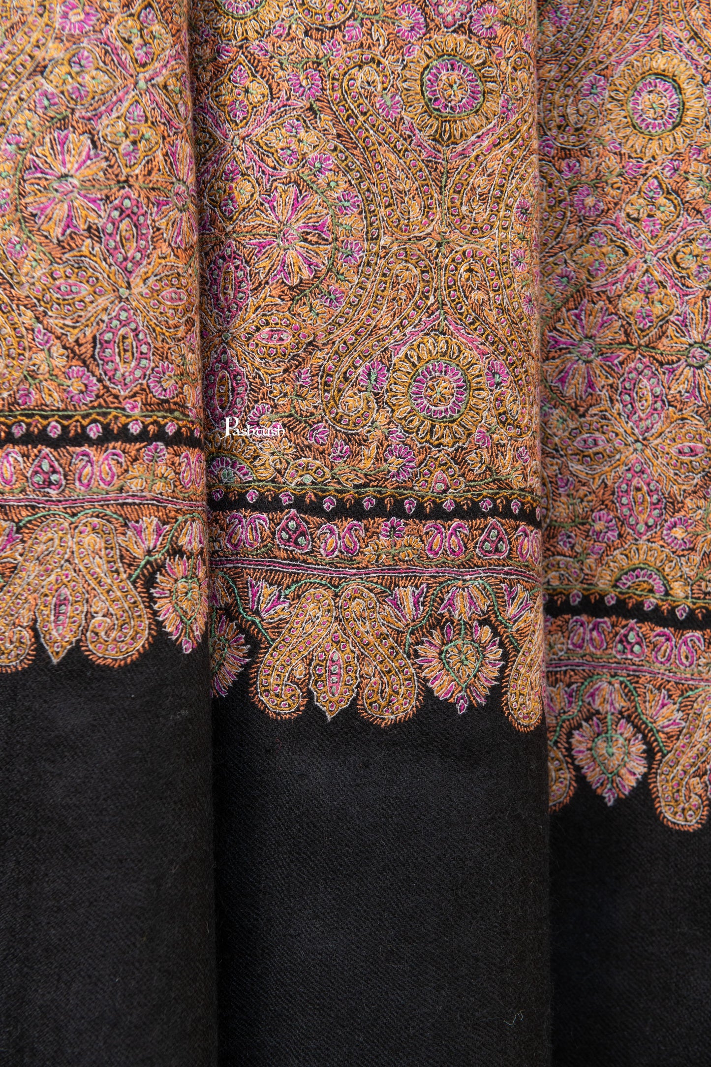 Pashtush India Womens Shawls Pashtush Womens Pure Pashmina Shawl, Private Collection, Resham Sozni Hand Embroidery, Handwoven, Zameenkaar