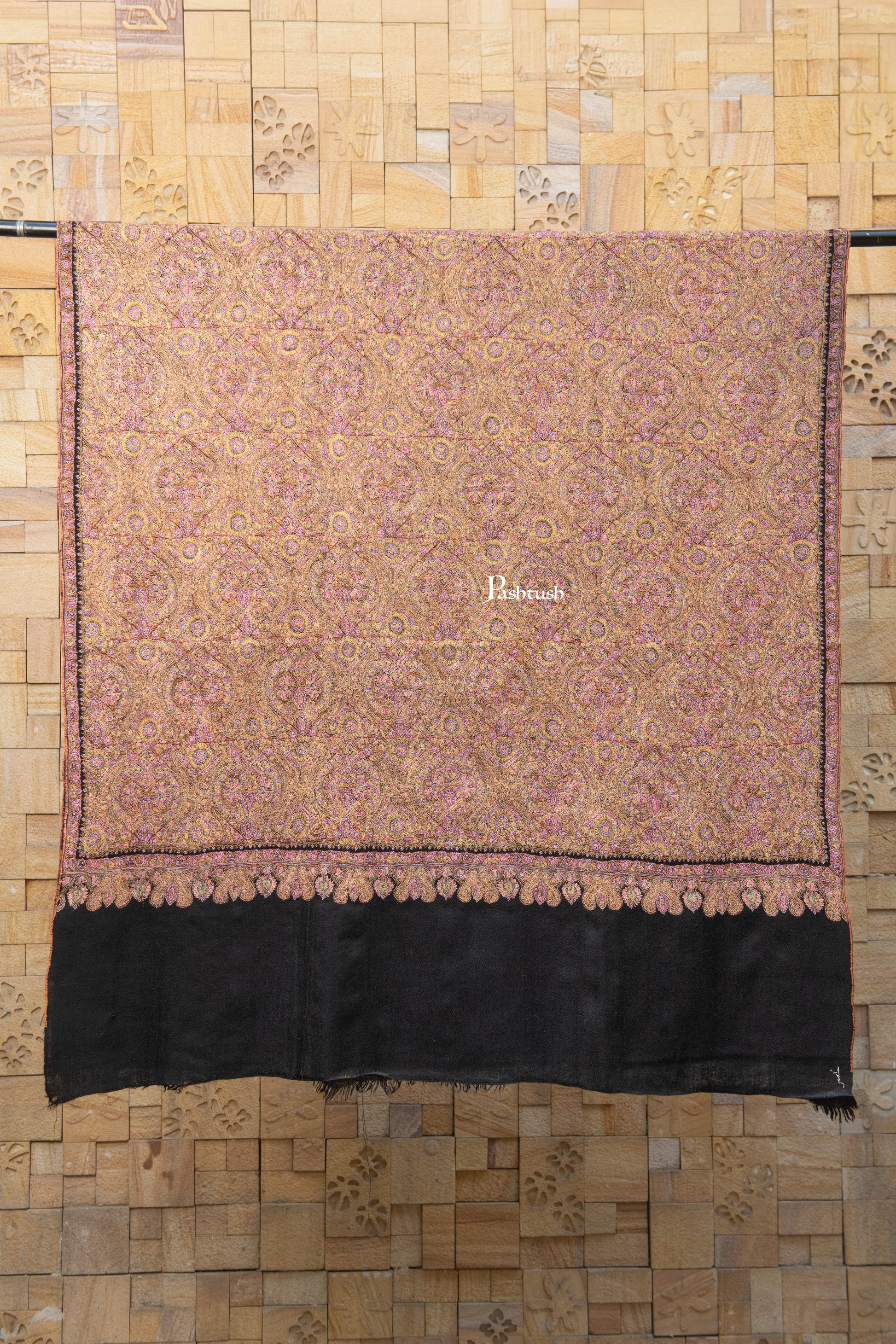 Pashtush India Womens Shawls Pashtush Womens Pure Pashmina Shawl, Private Collection, Resham Sozni Hand Embroidery, Handwoven, Zameenkaar