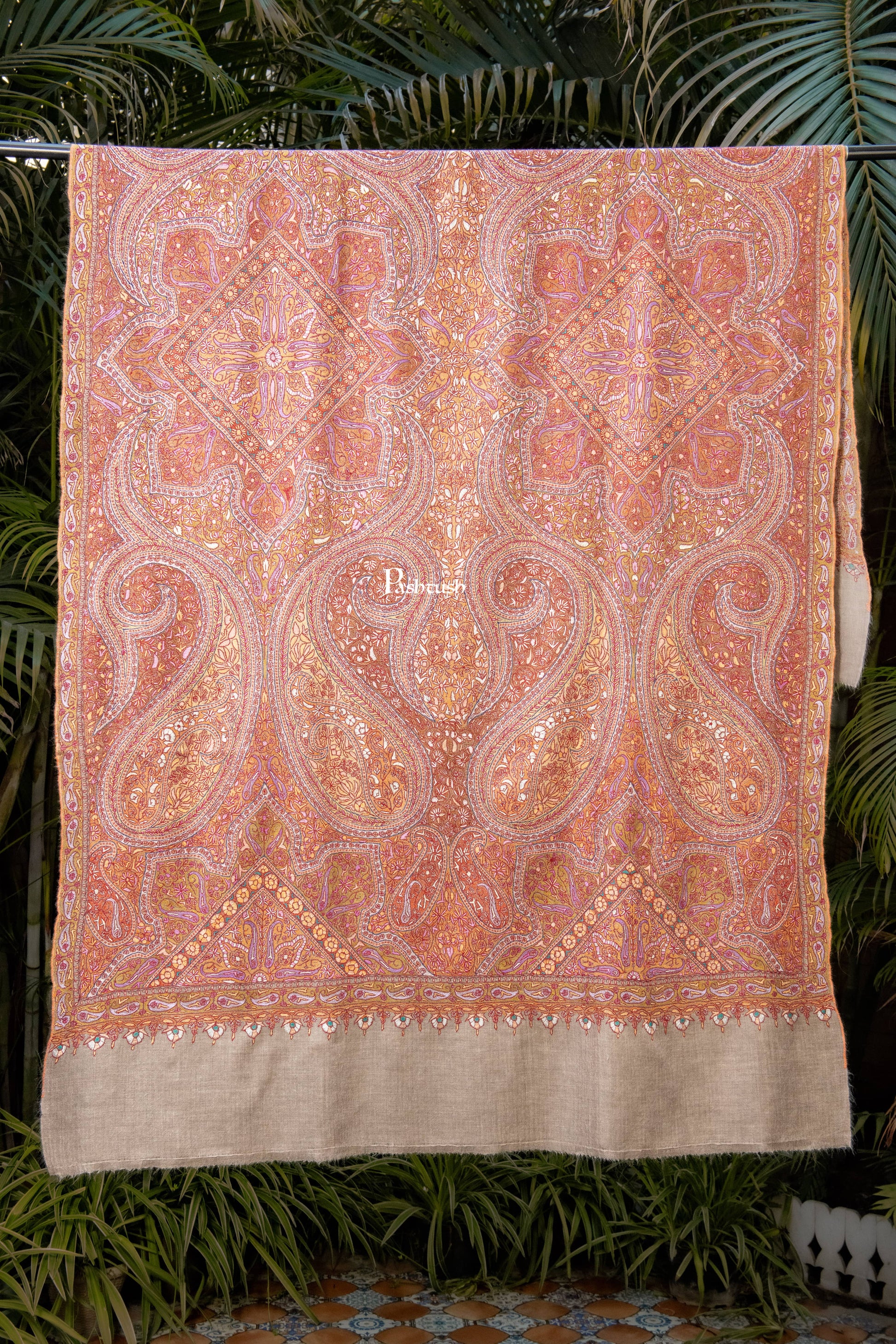 Pashtush India Womens Shawls Pashtush Womens Pure Pashmina Shawl, Sozni Hand Embroidery, Hand Woven Design, Khakikaar
