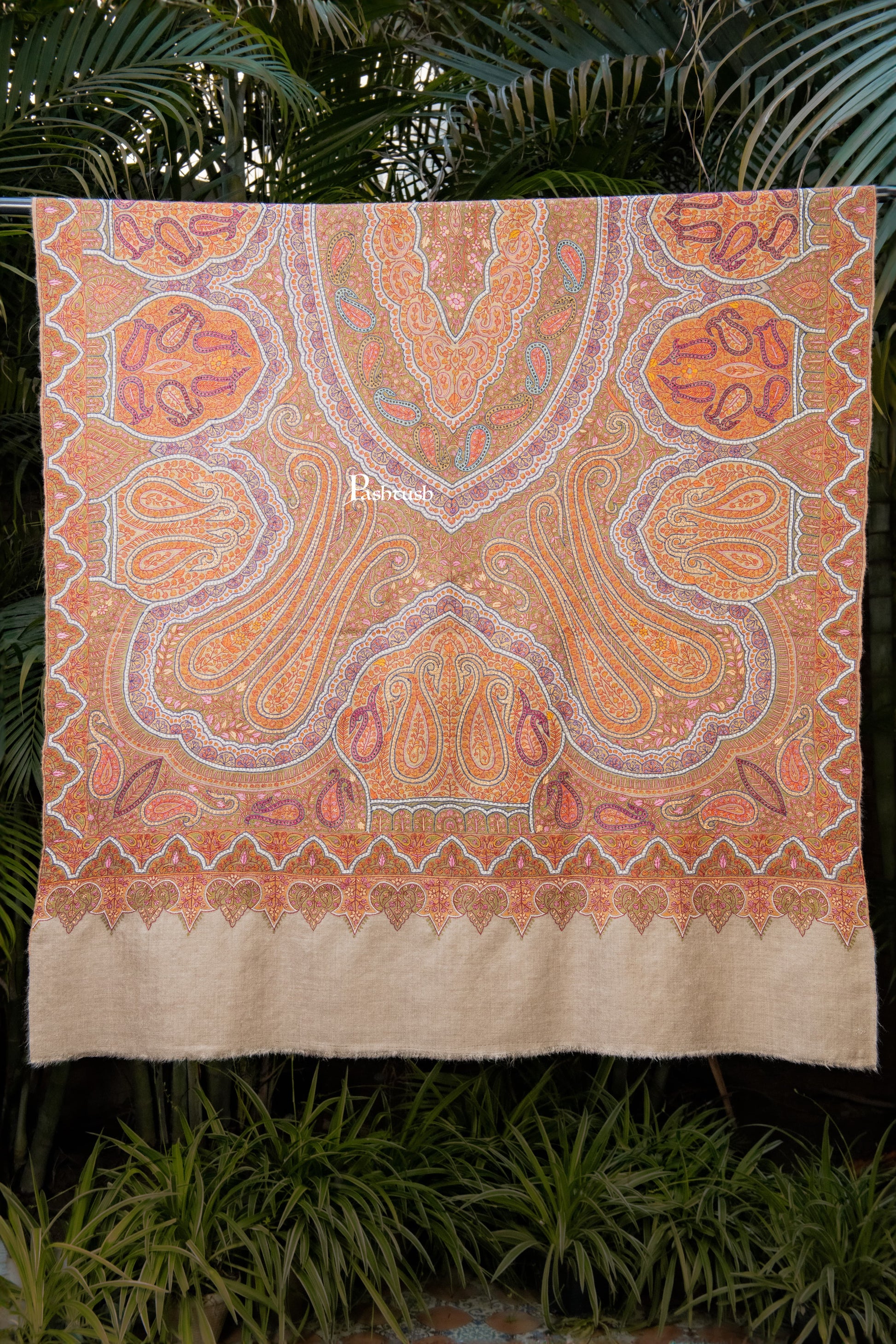Pashtush India Womens Shawls Pashtush Womens Pure Pashmina Shawl, Sozni Hand Embroidery, Hand Woven Design, Khakikaar