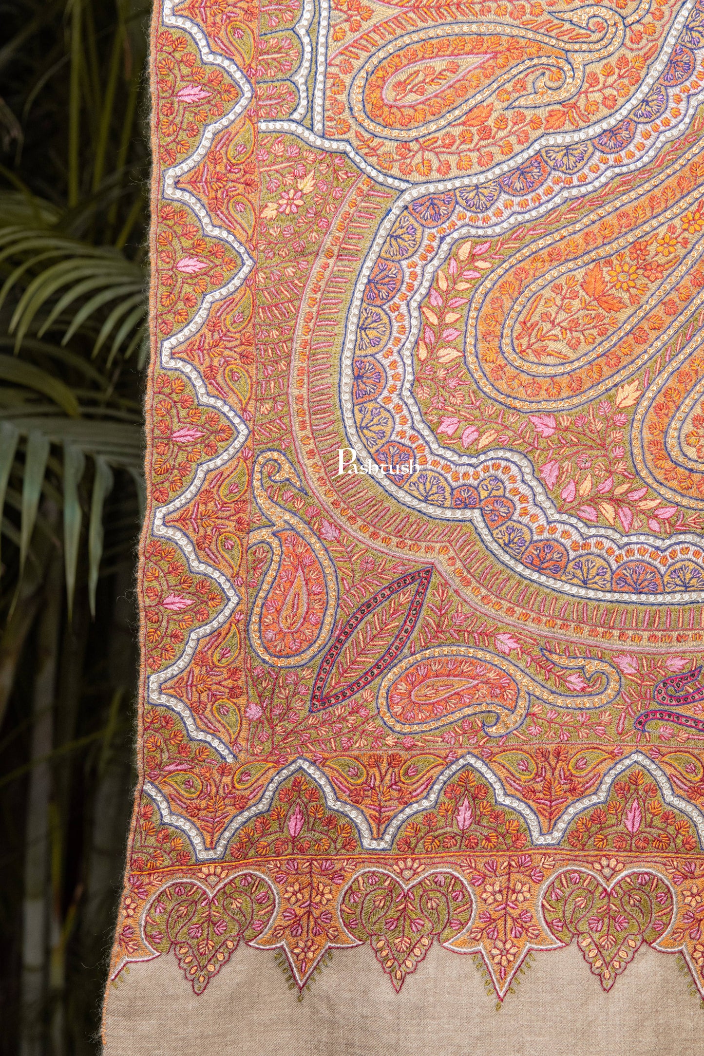 Pashtush India Womens Shawls Pashtush Womens Pure Pashmina Shawl, Sozni Hand Embroidery, Hand Woven Design, Khakikaar