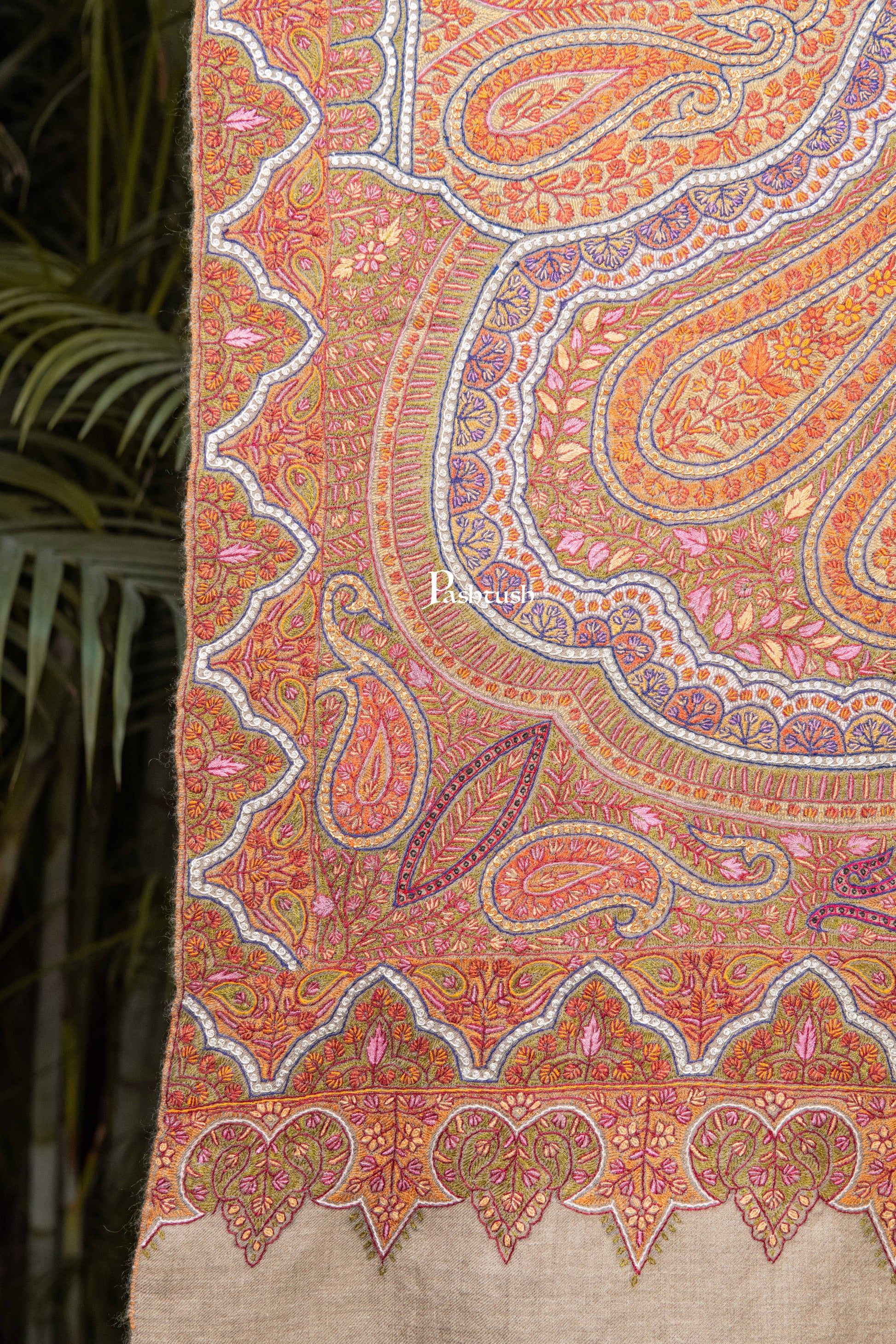 Pashtush India Womens Shawls Pashtush Womens Pure Pashmina Shawl, Sozni Hand Embroidery, Hand Woven Design, Khakikaar