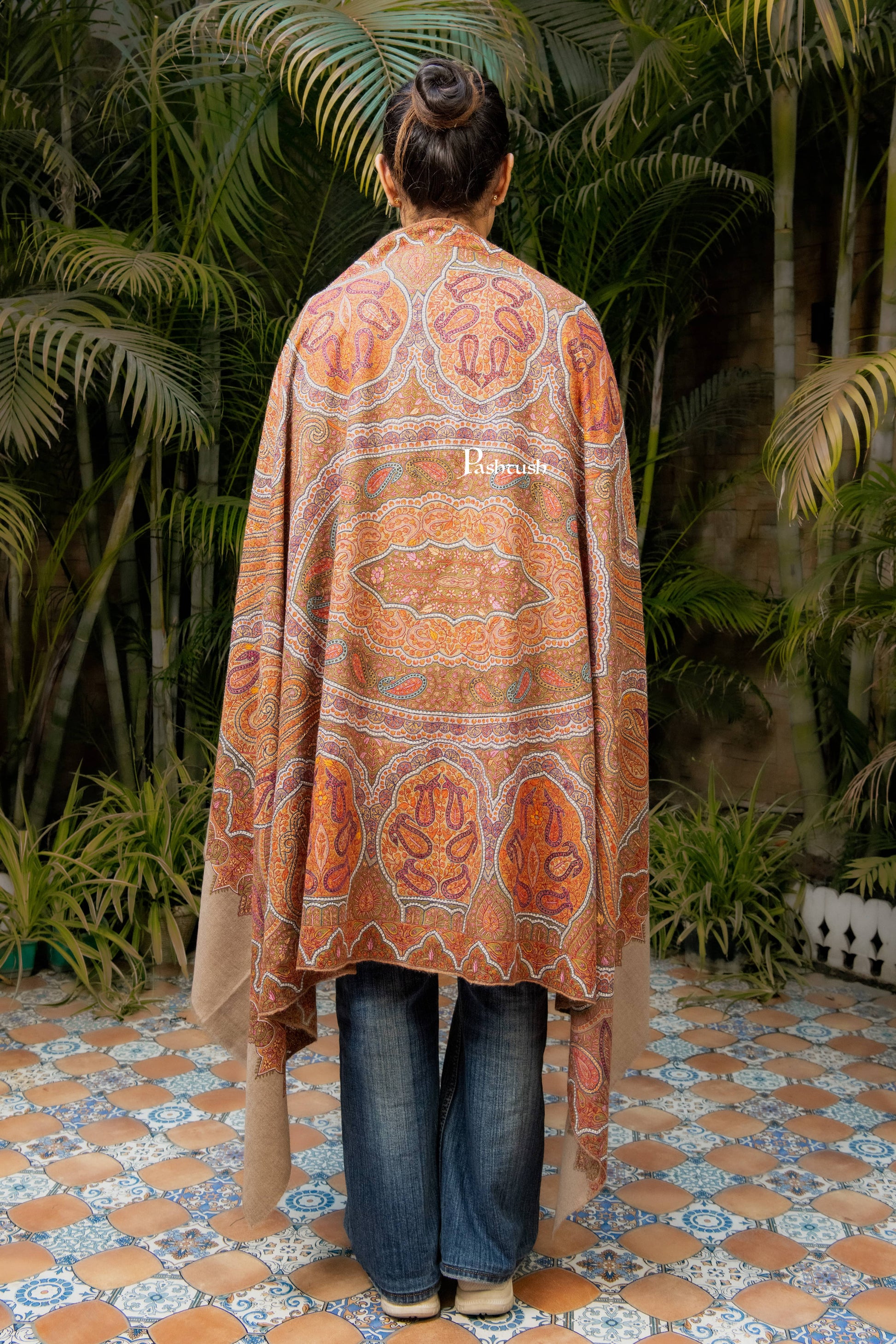 Pashtush India Womens Shawls Pashtush Womens Pure Pashmina Shawl, Sozni Hand Embroidery, Hand Woven Design, Khakikaar