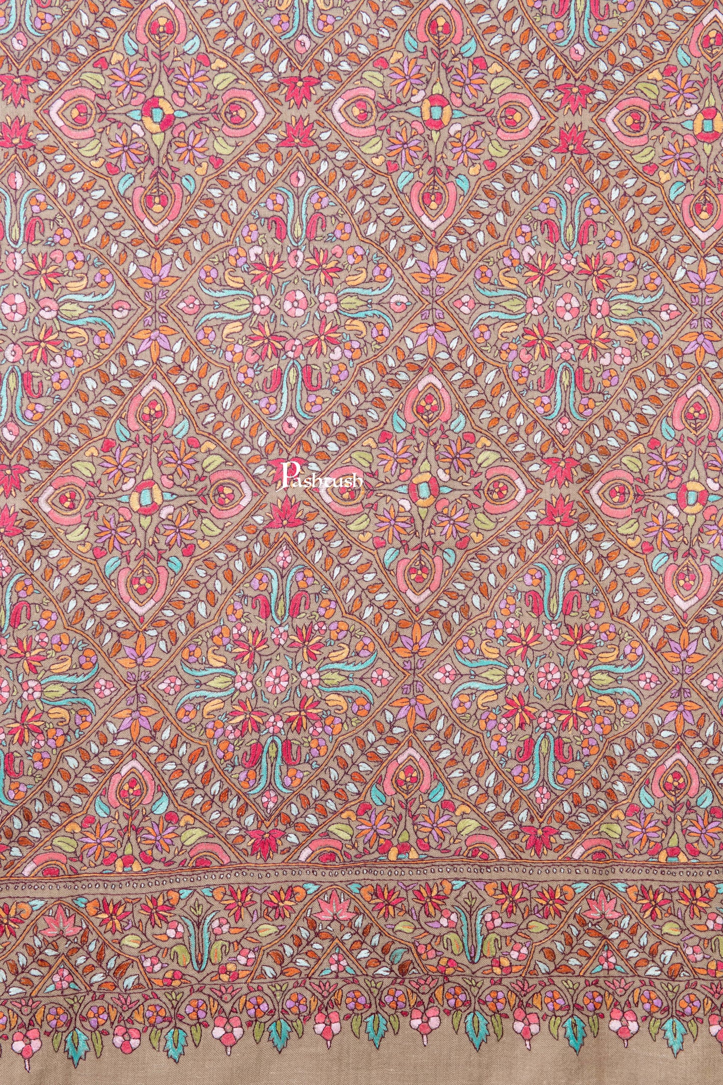Pashtush India Womens Shawls Pashtush Womens Pure Pashmina Shawl, Sozni Hand Embroidery, Hand Woven Design, Multicolour With Natural Woven Base