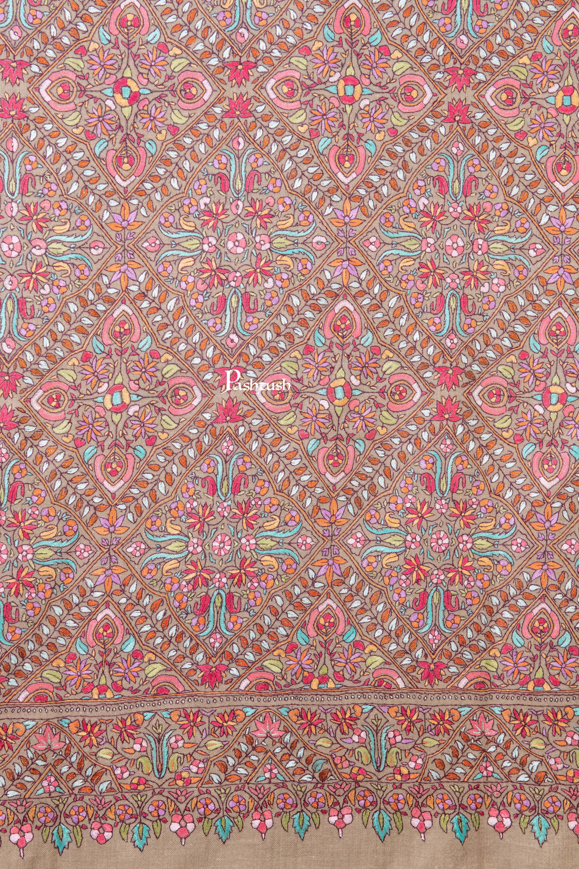 Pashtush India Womens Shawls Pashtush Womens Pure Pashmina Shawl, Sozni Hand Embroidery, Hand Woven Design, Multicolour With Natural Woven Base