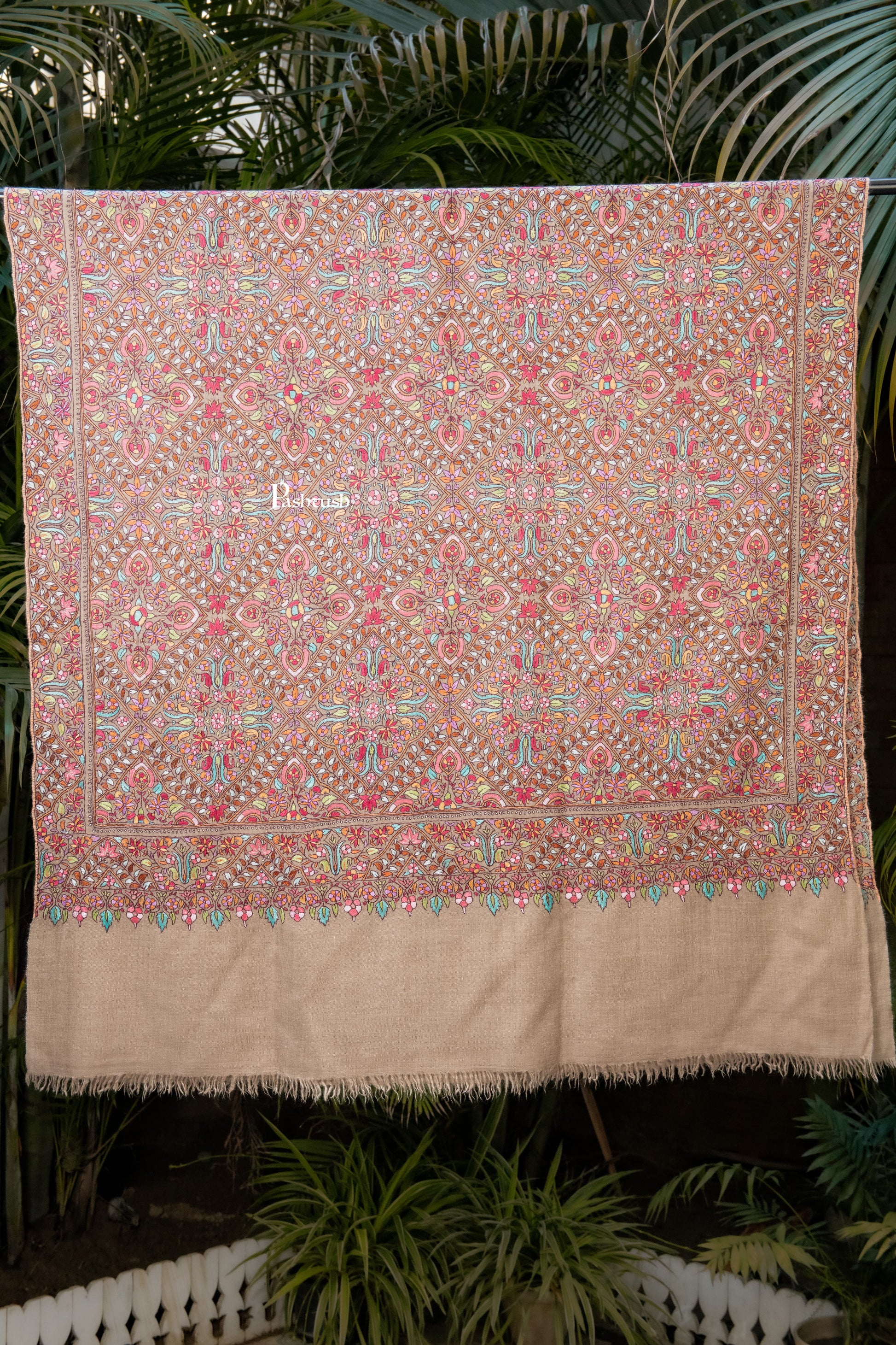 Pashtush India Womens Shawls Pashtush Womens Pure Pashmina Shawl, Sozni Hand Embroidery, Hand Woven Design, Multicolour With Natural Woven Base