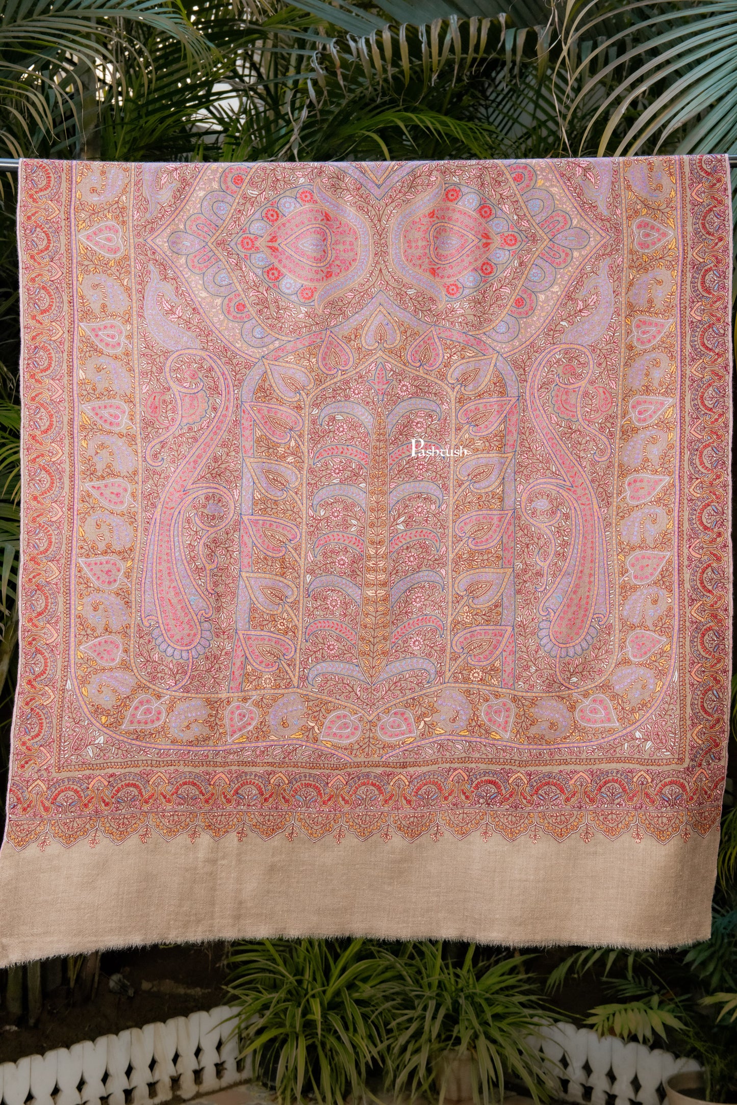 Pashtush India Womens Shawls Pashtush Womens Pure Pashmina Shawl, Sozni Hand Embroidery, Hand Woven Design, Multicolour With Natural Woven Base