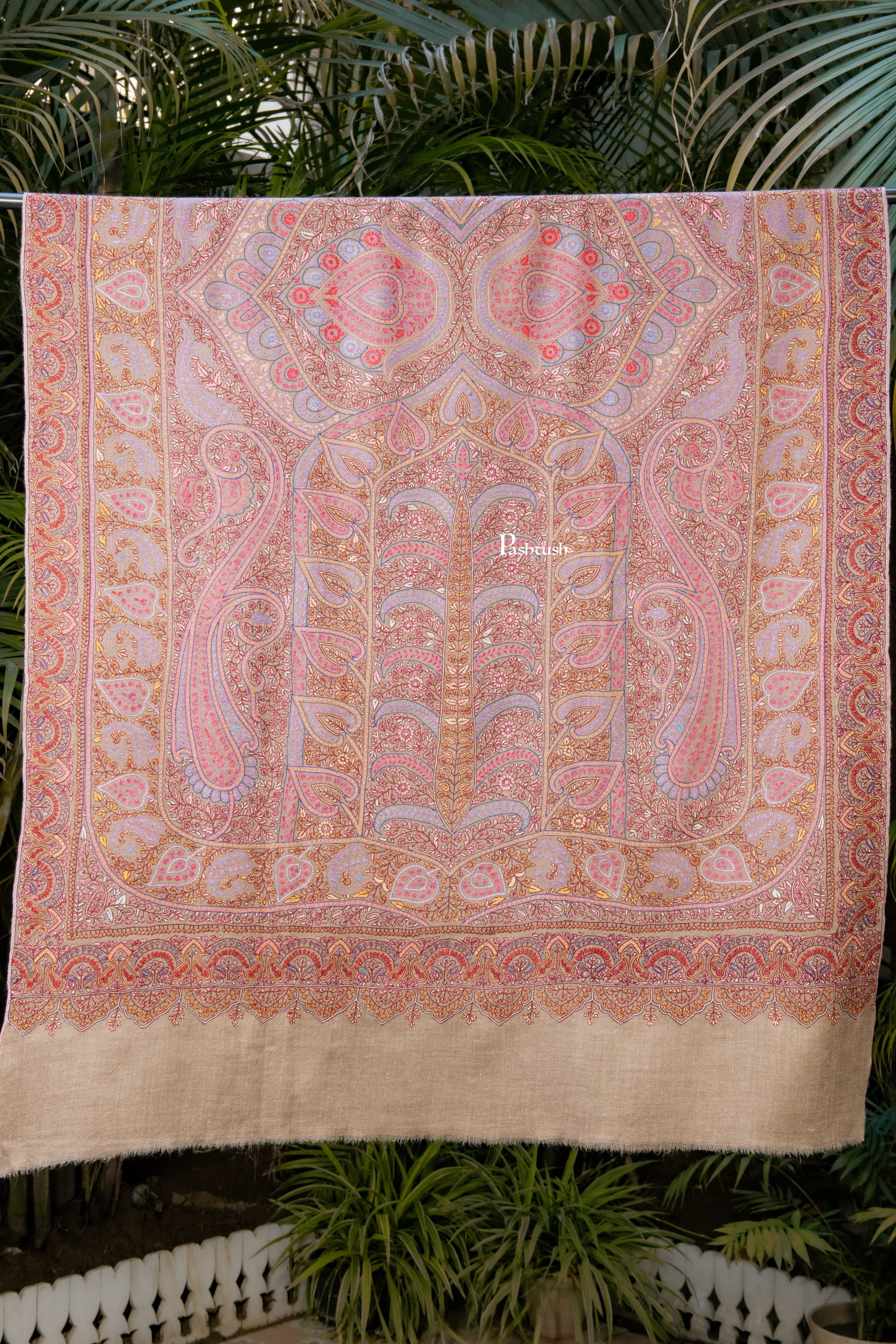Pashtush India Womens Shawls Pashtush Womens Pure Pashmina Shawl, Sozni Hand Embroidery, Hand Woven Design, Multicolour With Natural Woven Base