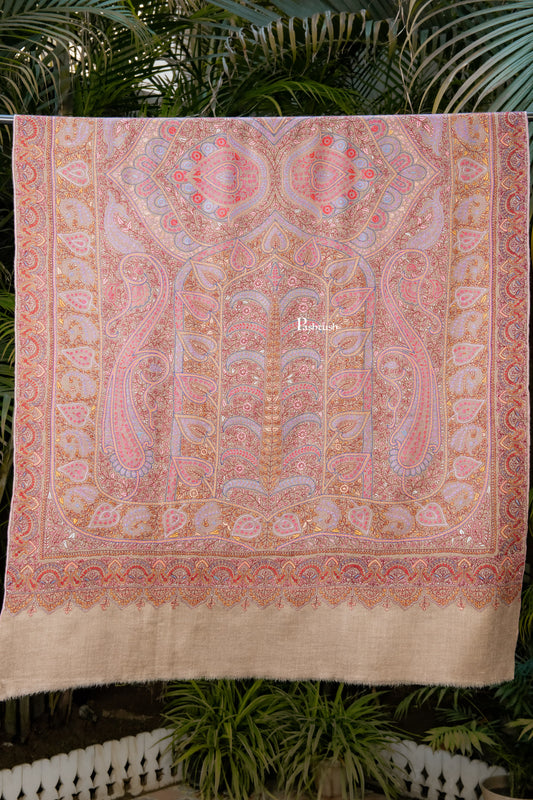 Pashtush India Womens Shawls Pashtush Womens Pure Pashmina Shawl, Sozni Hand Embroidery, Hand Woven Design, Multicolour With Natural Woven Base