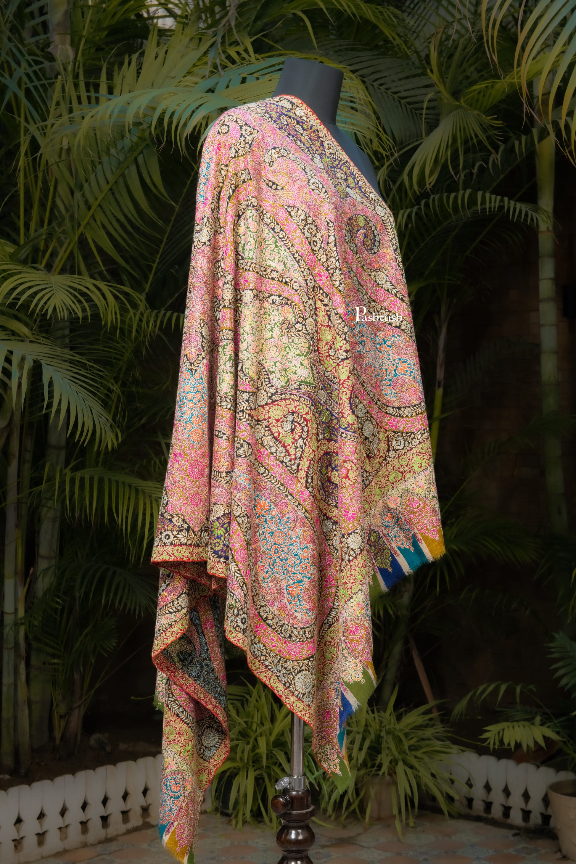 Pashtush India Womens Shawls Pashtush Womens Pure Pashmina Shawl, Sozni Hand Embroidery, Hand Woven, Kalamkari Design, Multicolour