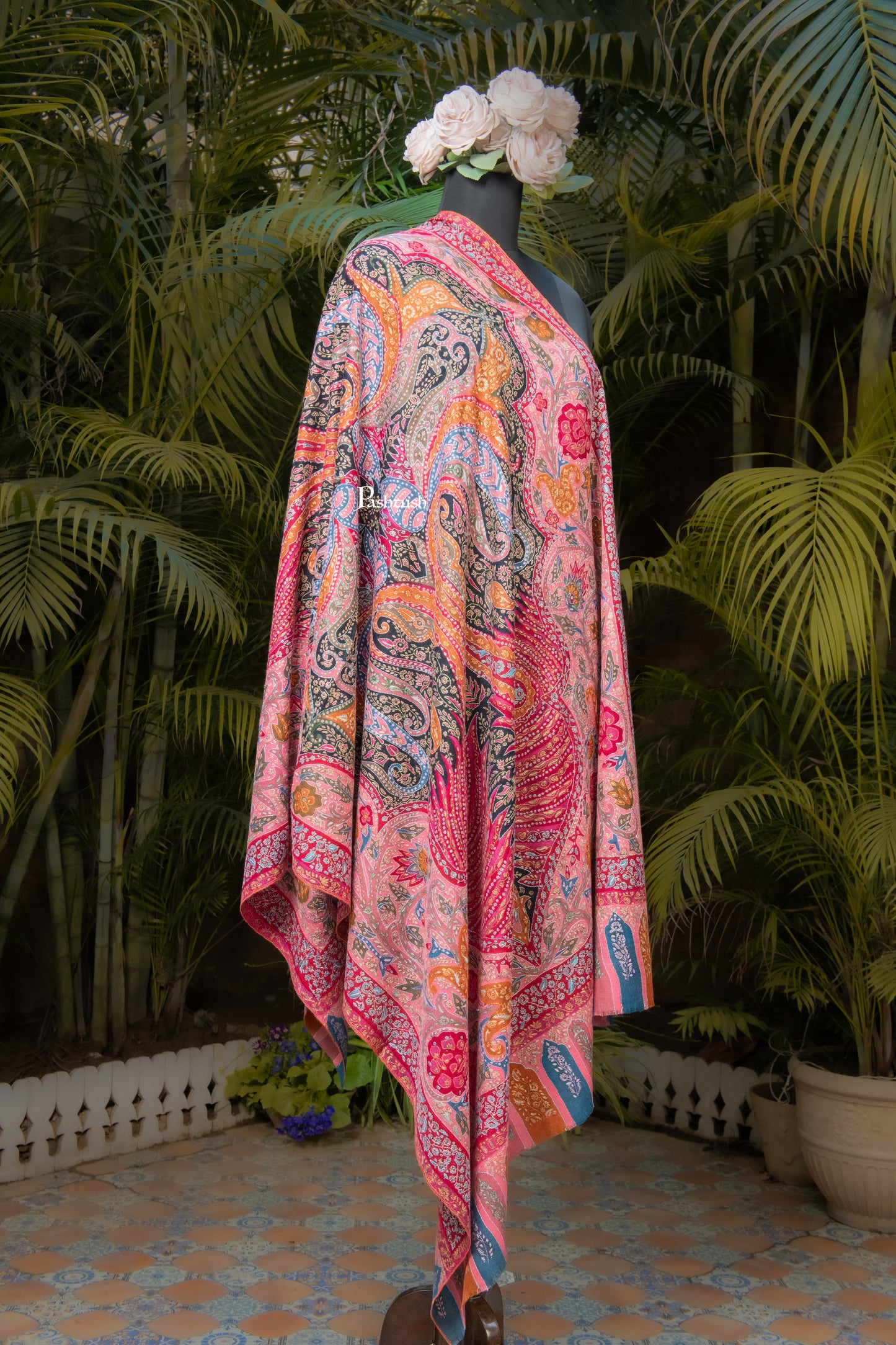 Pashtush India Womens Shawls Pashtush Womens Pure Pashmina Shawl, Sozni Hand Embroidery, Hand Woven, Kalamkari Design, Multicolour